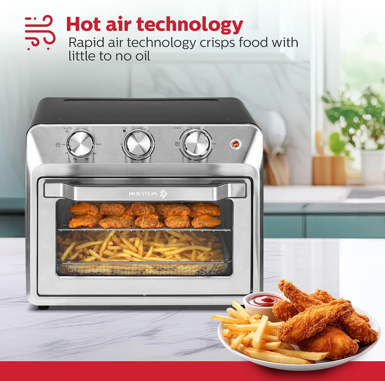 Holstein Housewares 21QT Air Fryer Oven. Multi-Function Countertop Oven for Toast, Bake, Broil, Roast & Air Fry with Glass Door, Timer & Dishwasher Safe Accessories. Large 6 Slice Capacity