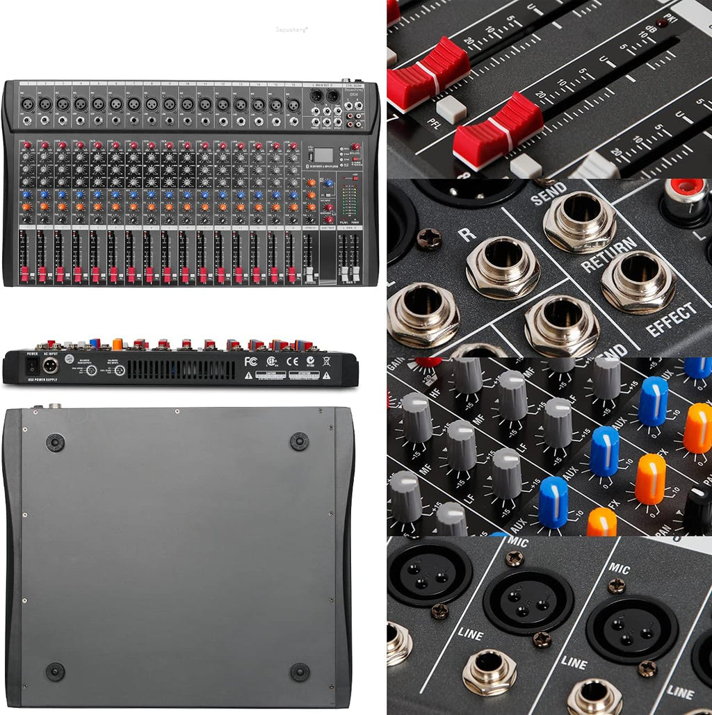 Depensheng DX16 DJ Sound Controller Interface w/USB Drive for Computer Recording 16-Channel Studio Audio Mixer - XLR Microphone Jack, 48V Power, RCA Input/Output for Professional and Beginners