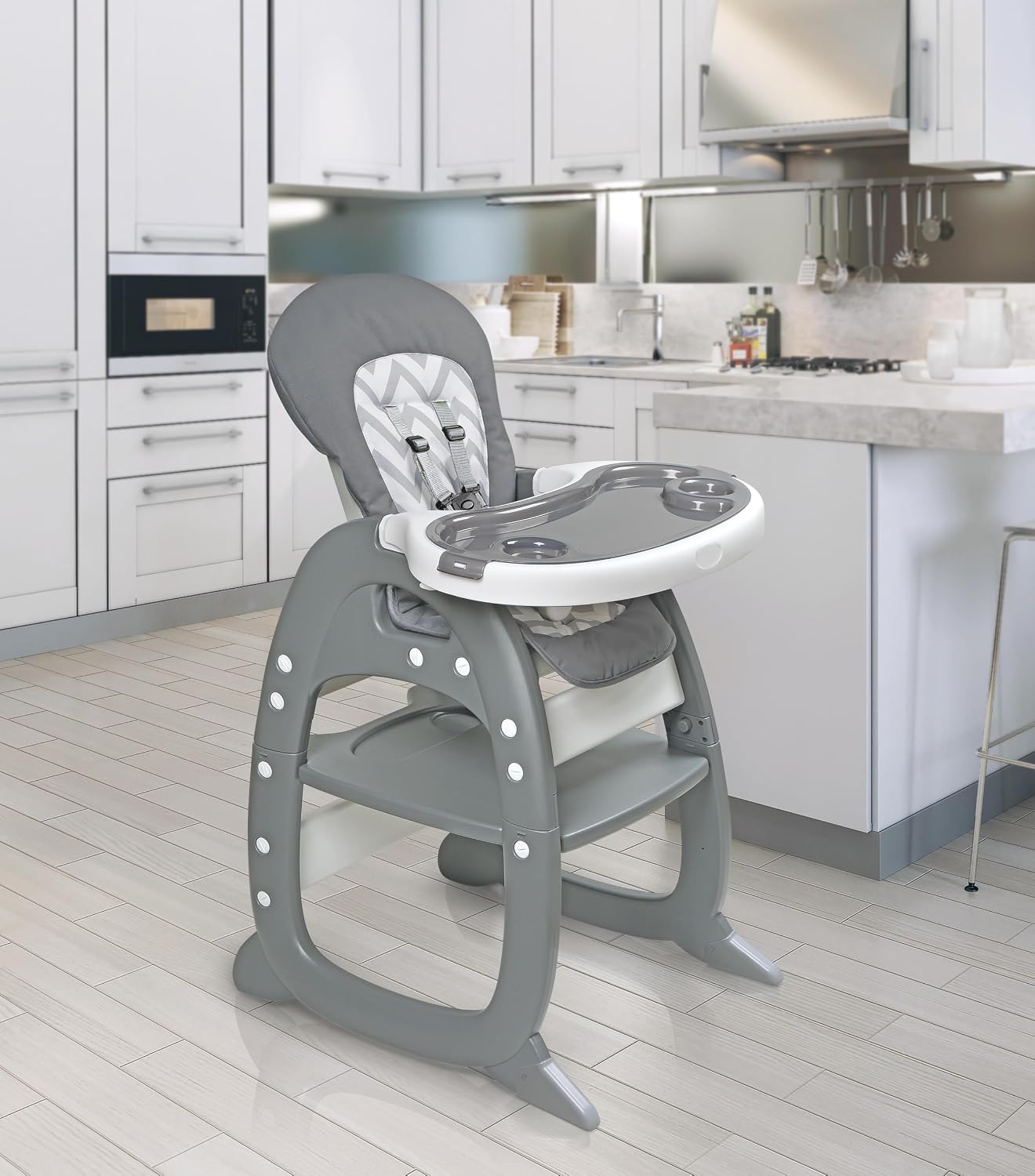 Badger Basket Envee II Baby High Chair with Playtable Conversion – Gray Chevron, 5-Point Harness, Dishwasher Safe Tray, Machine Washable Cushion