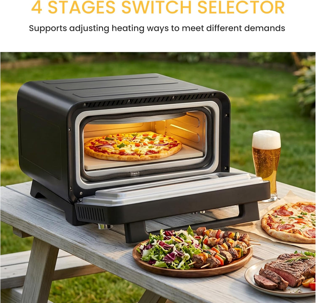 Simple Deluxe 1600W Indoor Electric Pizza Oven, 4 Cooking Modes for 12' Pizza, Fast Heating with Dual Independent Temp Control, Includes Pizza Stone & Spatula, Black