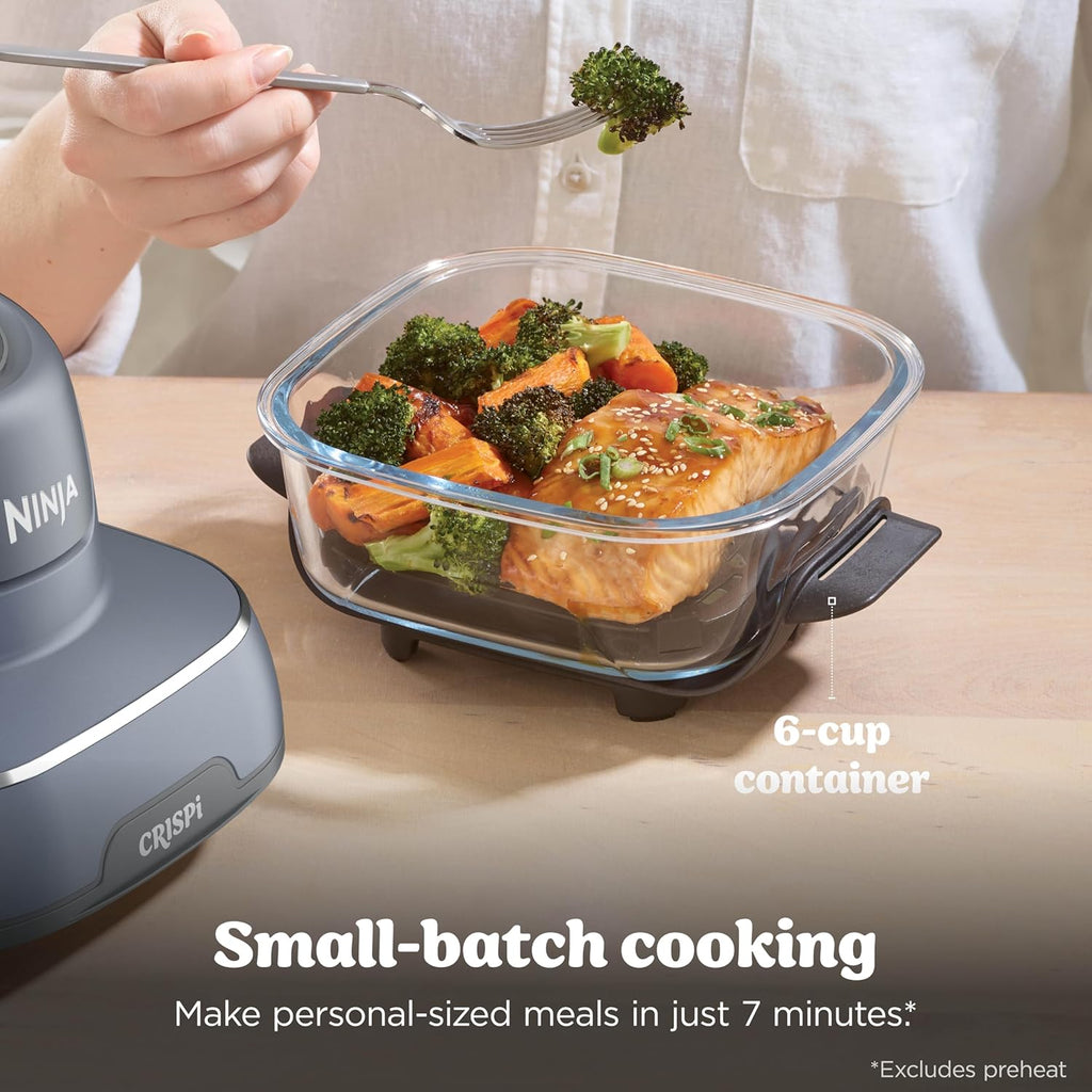 Ninja Crispi Air Fryer, Microwave, Freezer & Dishwasher Safe, Non Toxic Glass Portable Cooking System, 4 QT & 6 Cup Glass Containers with Storage Lids, Easy Meals, Air Fry, Bake, Grey (Renewed)