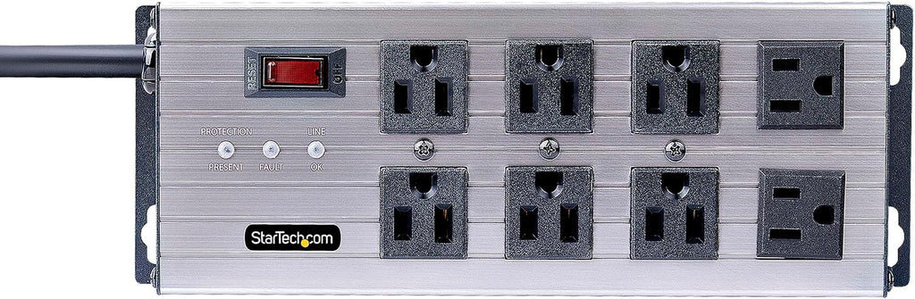StarTech.com Flat Plug 8-Outlet Heavy Duty Industrial Power Strip 125V/15A with Surge Protector, EMI/RFI Isolation, Mountable PDU, 12ft/3.6m Extension Power Cord, NEMA 5-15P/R, TAA