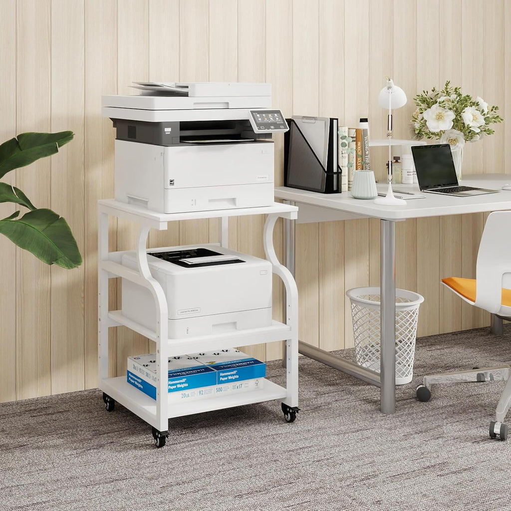 Natwind Large Printer Stand, 24''x20''x29'' Printer Table with Adjustable Storage Shelf, 3 Tier Rolling Cart with Wheels, Multifunctional Home Office Shelves for Heat Press, 3D Printer (White)