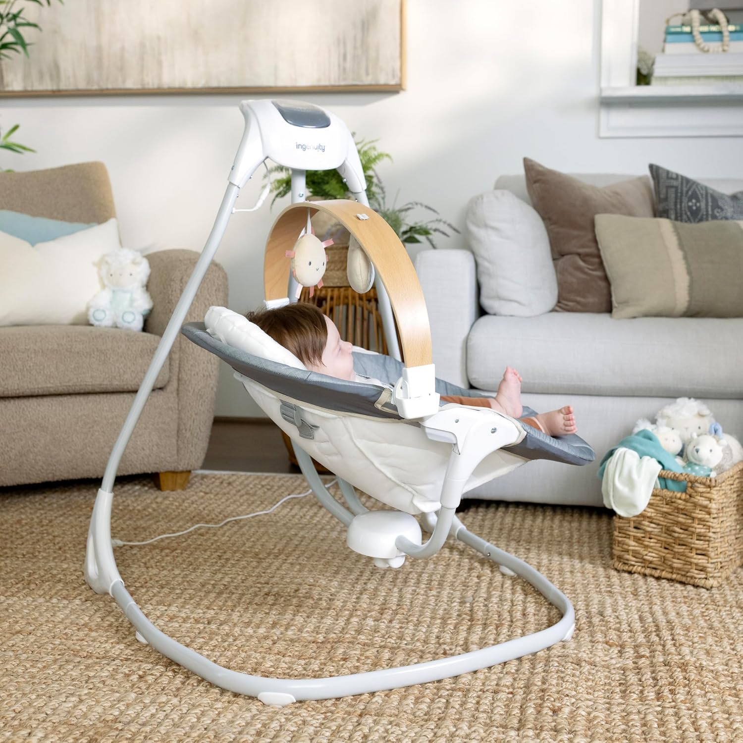 Ingenuity SimpleComfort Compact Baby Swing, Rotating Seat Swings in 3 Directions, 6 Speeds, 8 Melodies & 3 Nature Sounds, Ages 0-9 Months, Up to 20 Pounds - Parker