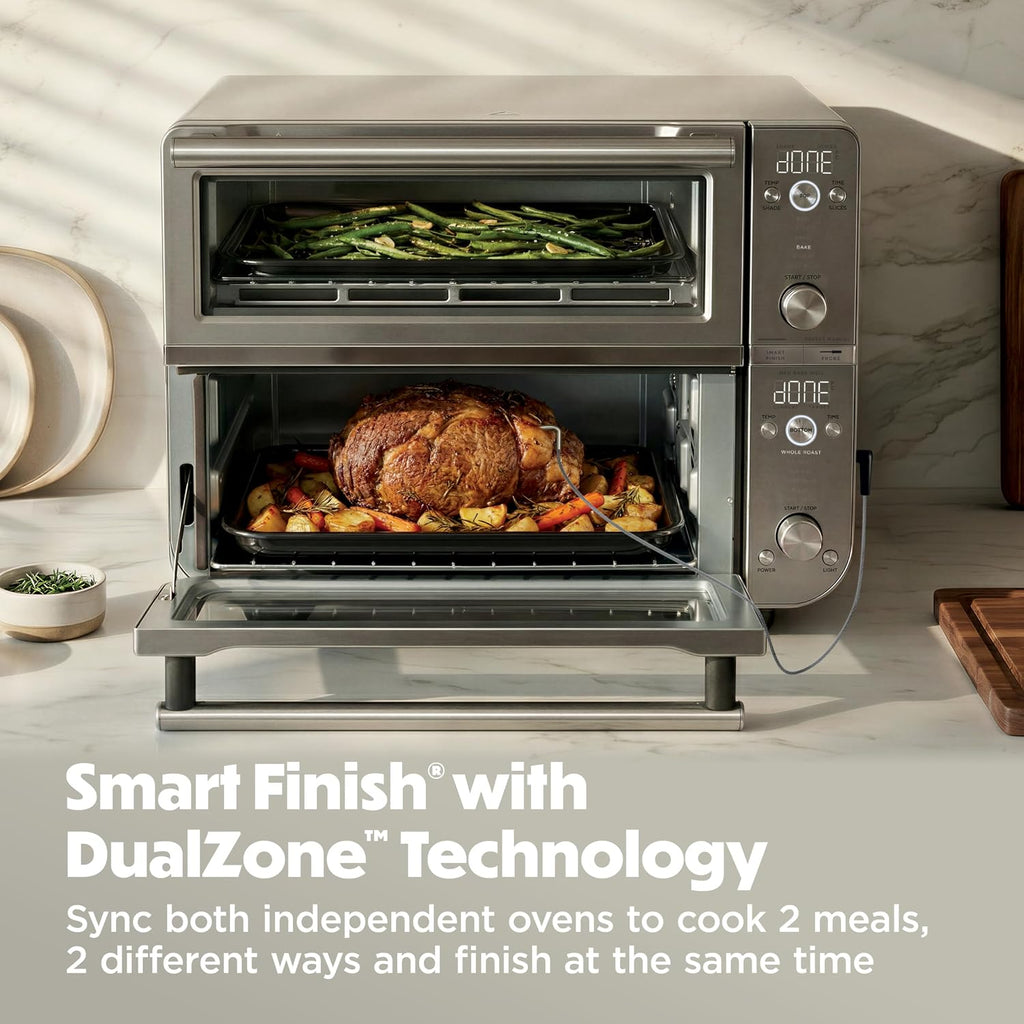 Ninja Double Oven Pro Smart XL Countertop Oven & Air Fryer with Thermometer | 30.2 Qt | 12-in-1 with Smart Finish & DualZone Tech to Cook 2 Meals at Once | Fits up to 4.5lb Chicken | Silver | DCT871
