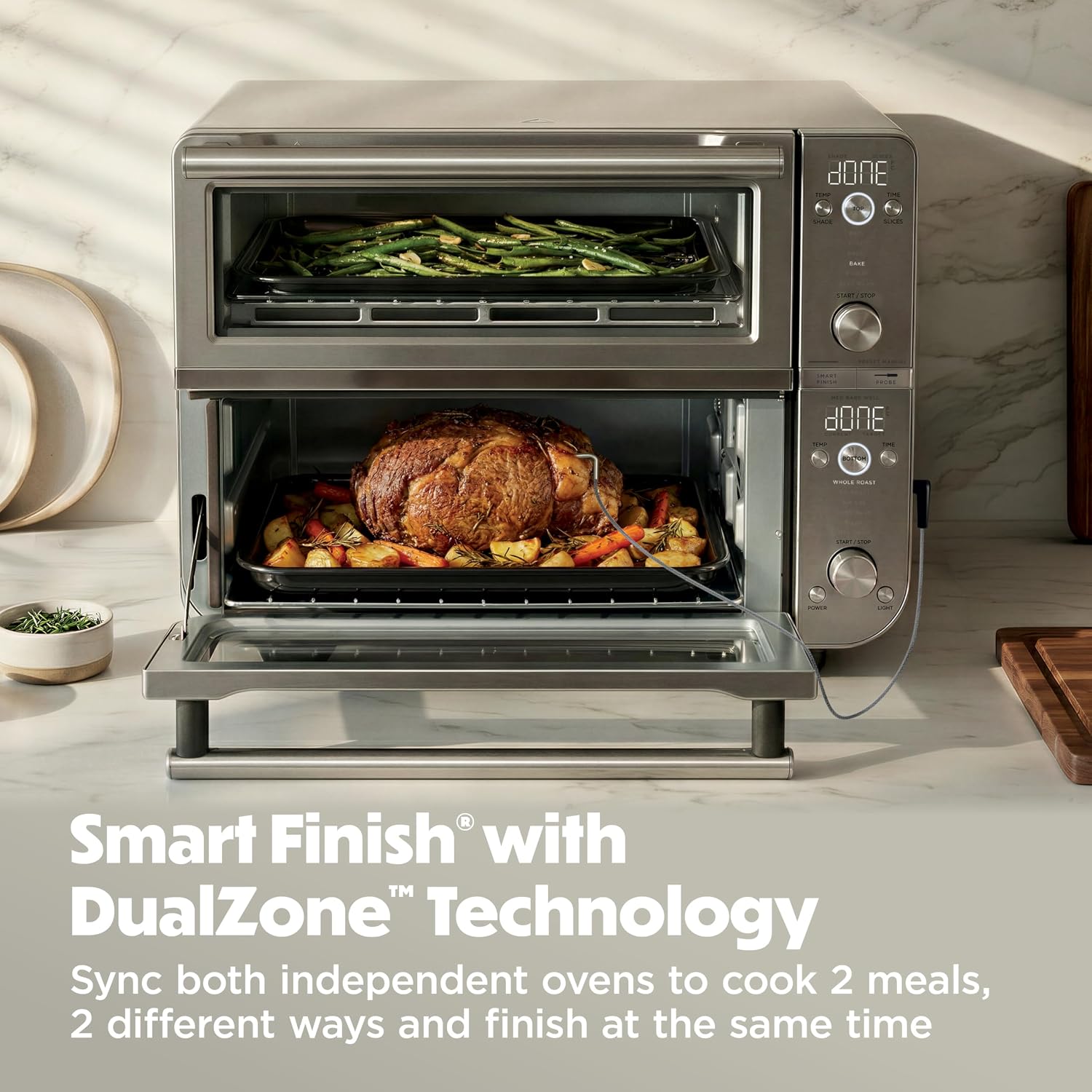 Ninja Double Oven Pro Smart XL Countertop Oven & Air Fryer with Thermometer | 30.2 Qt | 12-in-1 with Smart Finish & DualZone Tech to Cook 2 Meals at Once | Fits up to 4.5lb Chicken | Silver | DCT871