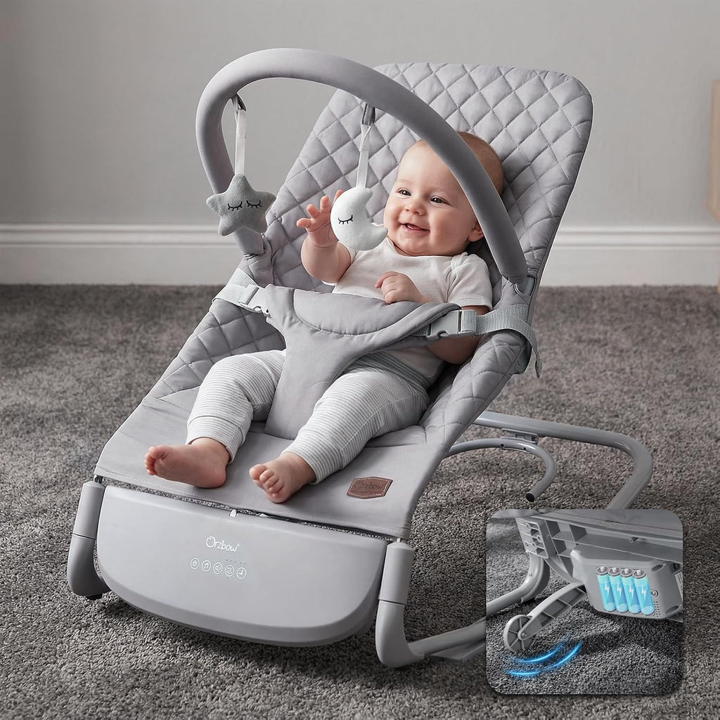 Orzbow Electric Baby Rocker with Innovative Auto Rocking Motion, Adaptable 3-Speed, Smart Tap Sensing, Soothing Sounds, and 3 Recline Positions, 2-in-1 Automatic Baby Rocker Chair, Grey