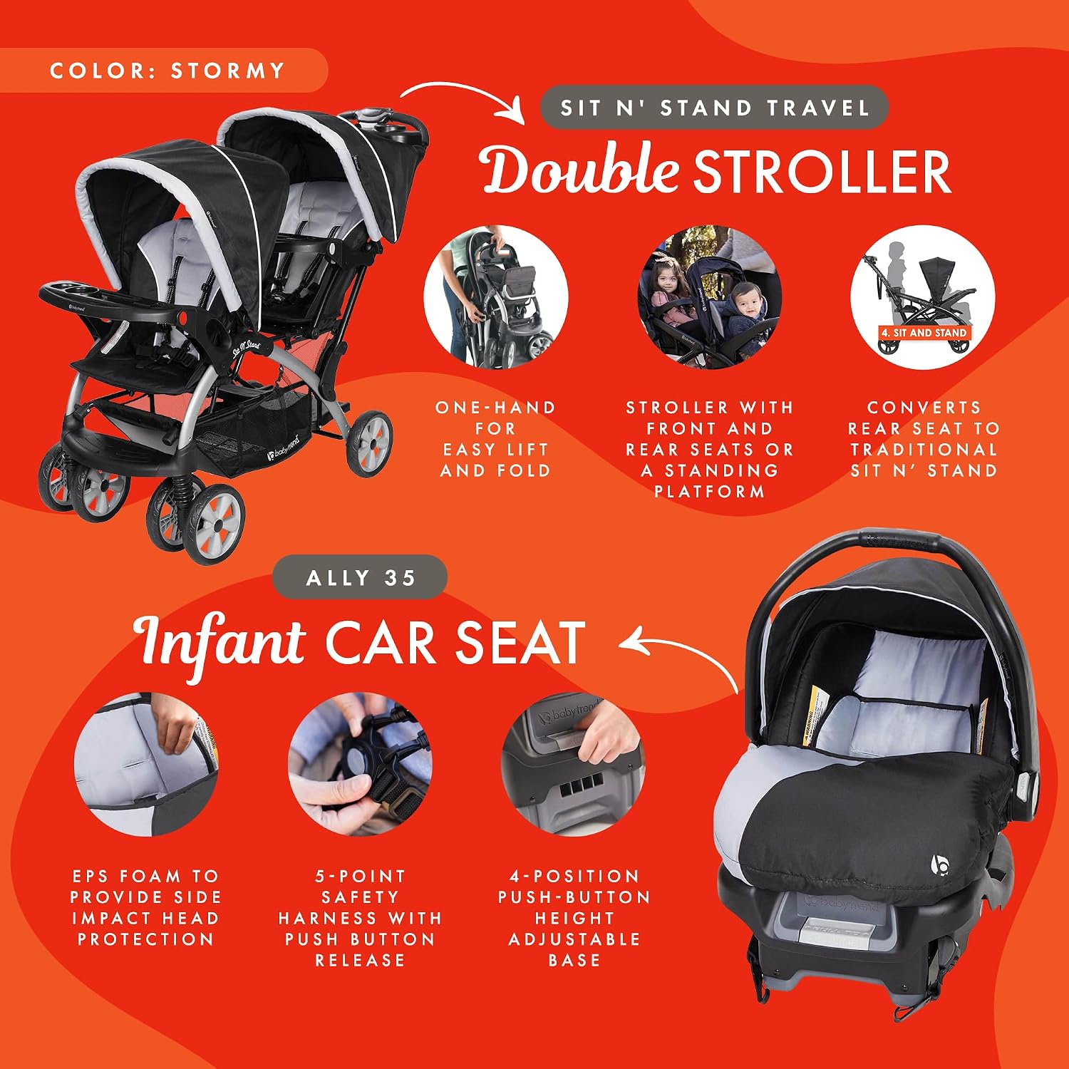 Baby Trend Infant and Toddler Double Stroller & Car Seat Combo, 2 Pc Set, Stormy - Portable and Lightweight Stroller Duo and Car Seat Travel System Tandem