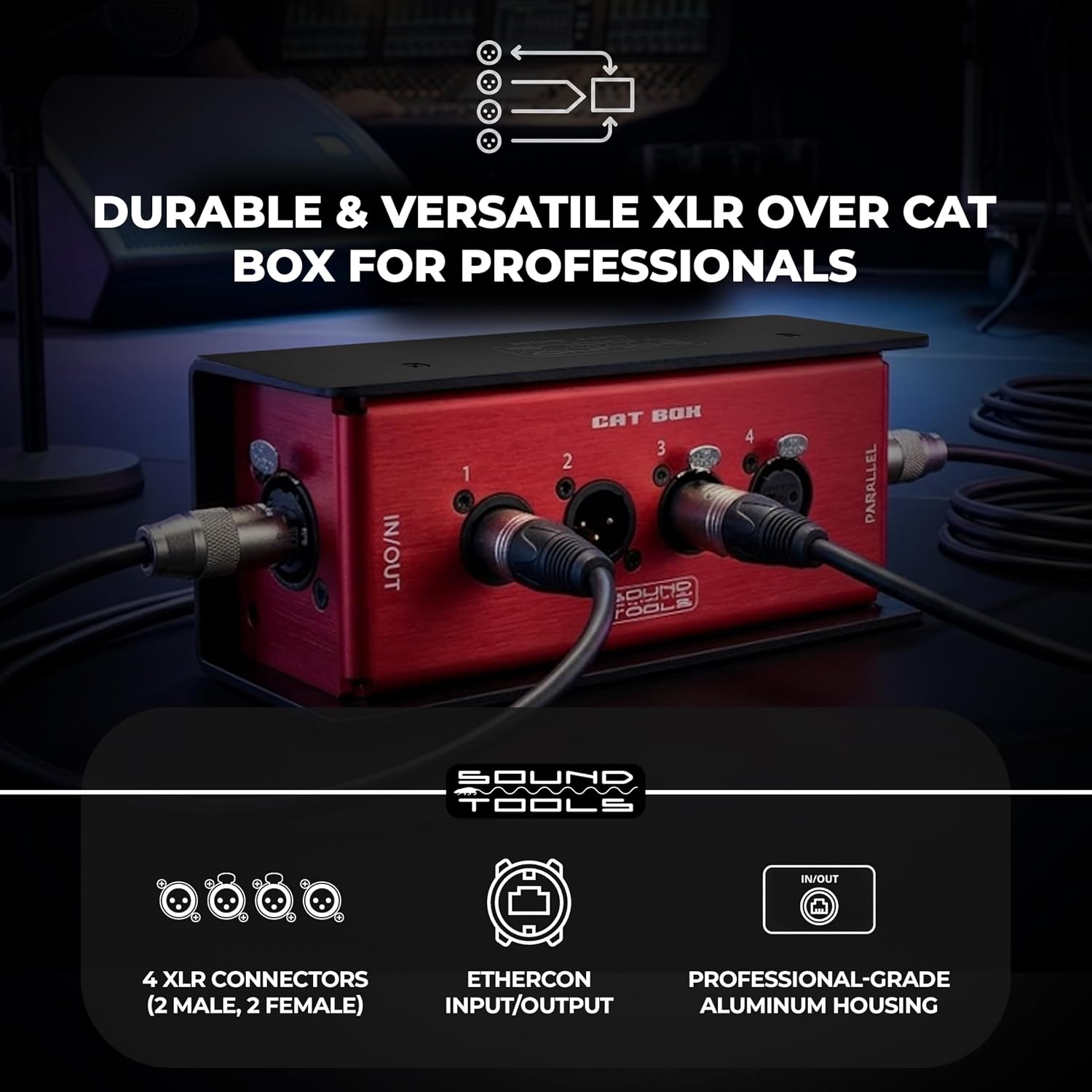 Sound Tools CAT Box MFX – 2 Male & 2 Female with Passive Analog Audio for etherCON Daisy Chain – 4 Channel XLR Over CAT5e Stage Box – DMX, COM, AES & 3-pin XLR Compatible – Rugged Aluminum Housing