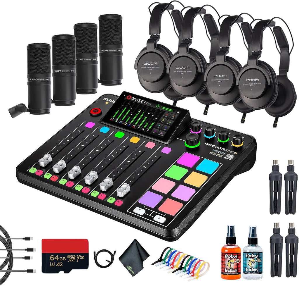 RODE RODECaster Pro II + 4x Headphones + 4x Podcast Microphone + 64GB Micro SD Memory Card + 2x USB- C + More (Bundle)