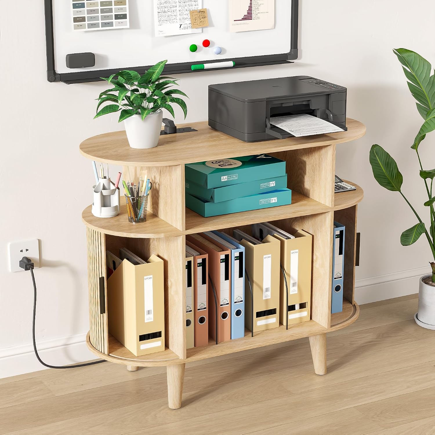 Fiogmub Round Printer Stand with Charging Station & USB Ports, 35.4 x15.7 x 30 Inches Large Printer Table 3 Tier with Storage Shelf for Home Office (Oak)