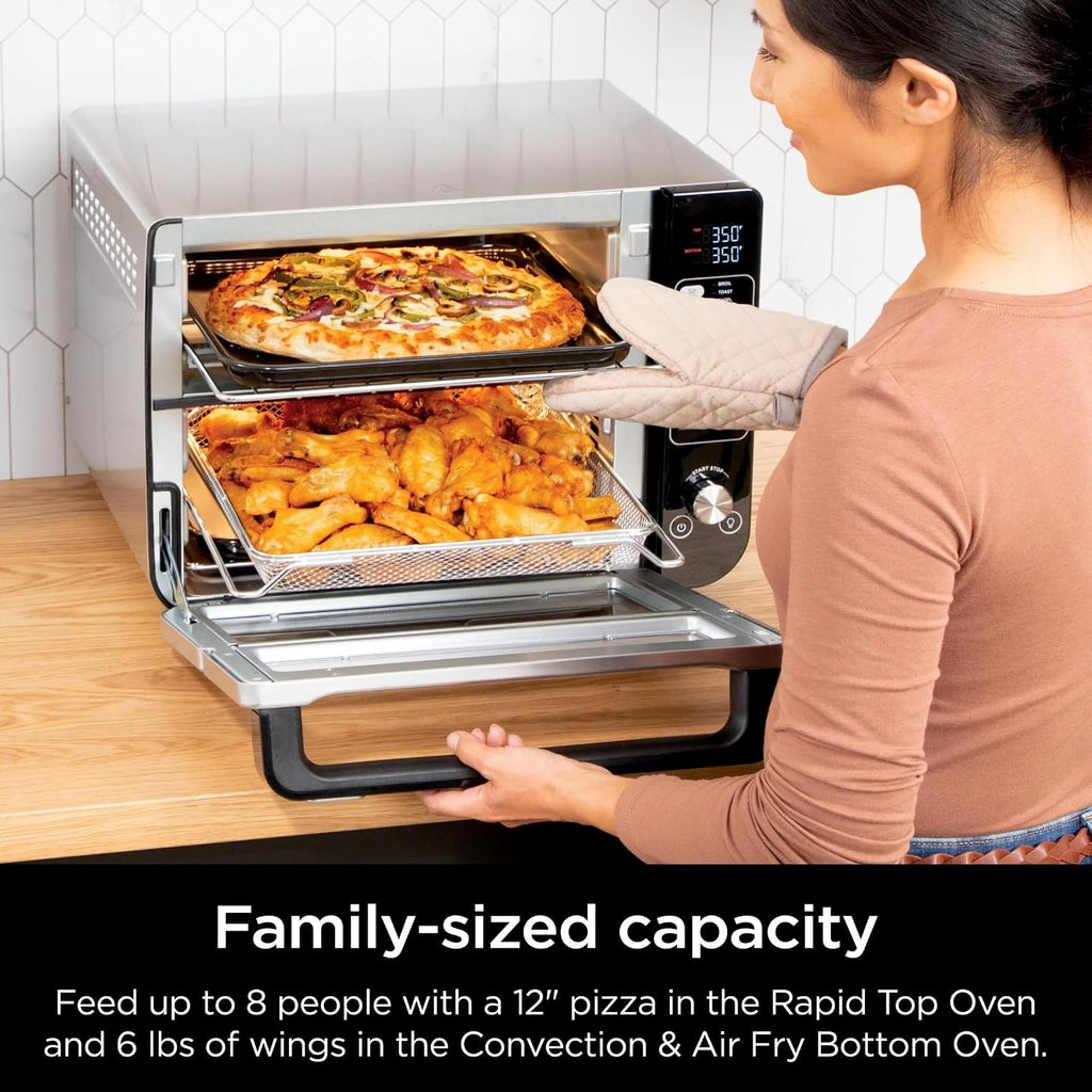 Ninja DCT400 10-in-1 Double Oven with FlexDoor, FlavorSeal & Smart Finish, Rapid Top Convection and Air Fry Bottom, Bake, Broil, Air Roast, Toast, Air Fry, Pizza and More, Stainless Steel (Renewed)