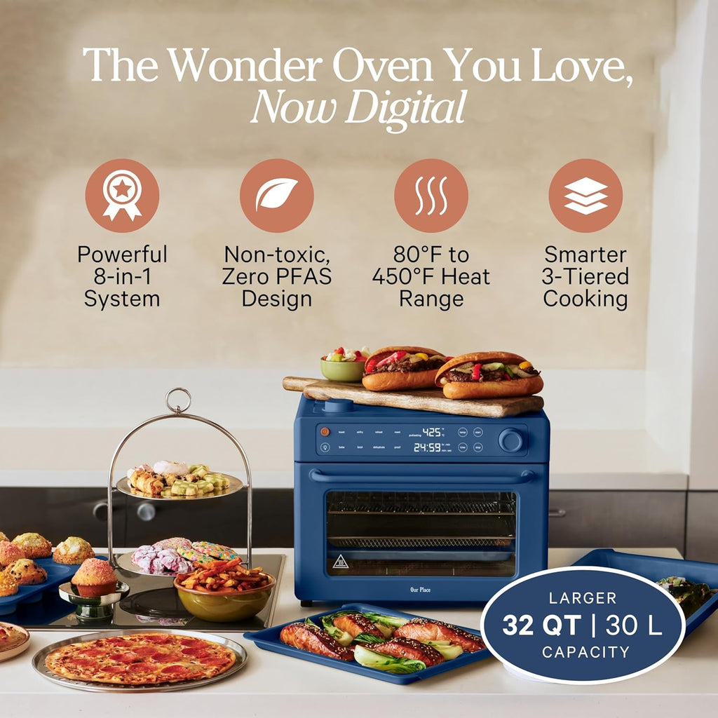 Our Place Wonder Oven Pro | 8-in-1 Digital Air Fryer & Countertop Oven with Basket, Rack, Pan & Tray | 3-Rack, 32 QT - Air Fry, Toast, Roast, Bake, Reheat, Broil, Proof & Dehydrate | Blue Salt