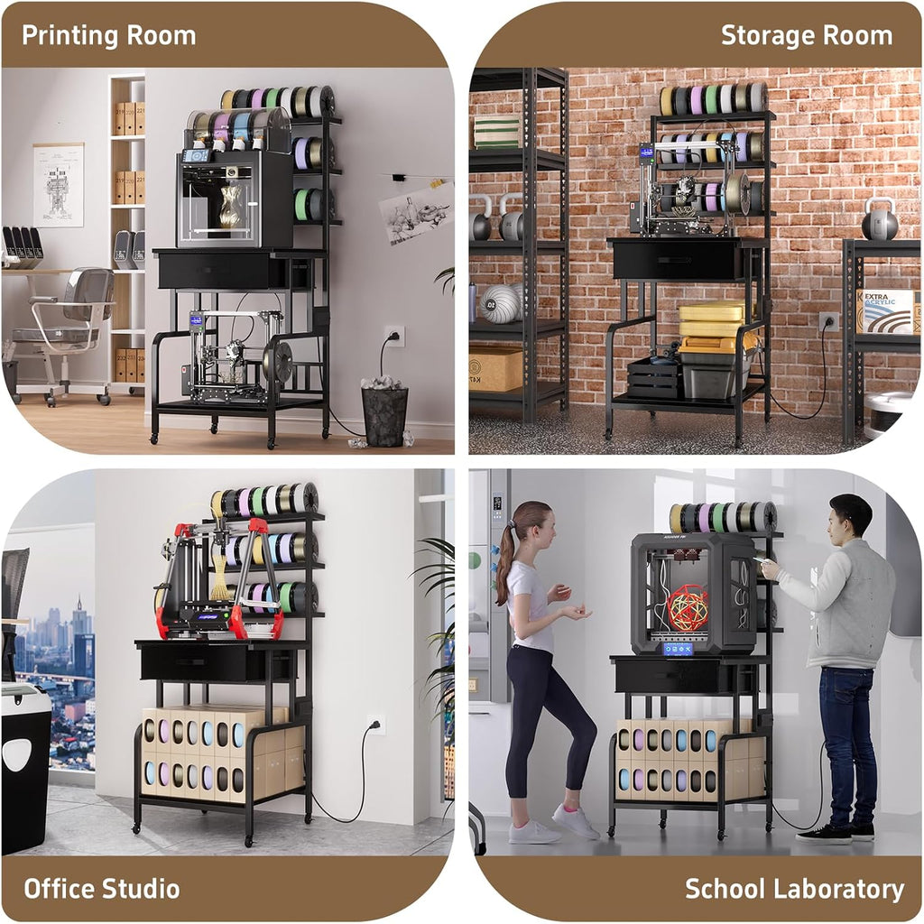 3D Printer Stand with Filament Storage,3D Printer Rack with Storage Drawer，Heavy-Duty 3D Printers Table with Power Outlet，for ABS/PLA/TPU Spools, Home Office Studi