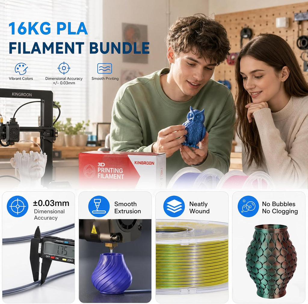 Kingroon 16KG PLA Filament 1.75mm Bundle, 3D Printer Multicolor Filament Bulk Includes Basic PLA and Tri Color Silk PLA, 1KG Spool x 16 Pack, Dimensional Accuracy +/- 0.03mm, Fit Most FDM Printers