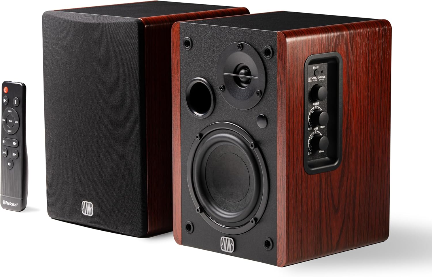 PreSonus Eris Accent BT 60W Powered Bookshelf Bluetooth Speakers – Studio Monitors for Turntable, Home, 4' Woofer, Silk Tweeter, USB-C, Optical, RCA, Coax, Remote, Sub Out, Wired Option, Wood Grain