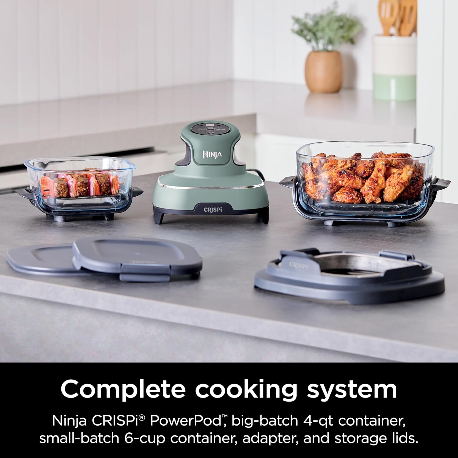 Ninja Crispi Air Fryer, Microwave, Freezer & Dishwasher Safe, Non Toxic Glass Portable Cooking System, 4 QT & 6 Cup Glass Containers with Storage Lids, Easy Meals, Air Fry, Bake, Green (Renewed)
