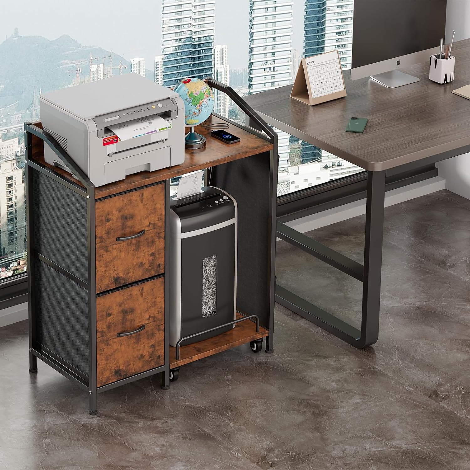 Printer Stand with Storage, Lateral Office Filing Cabinets with Power outlets & USB Charging Port, File Cabinet with Large Printer Stands for Home Office, Shredder Stand Rack (Rustic Brown)