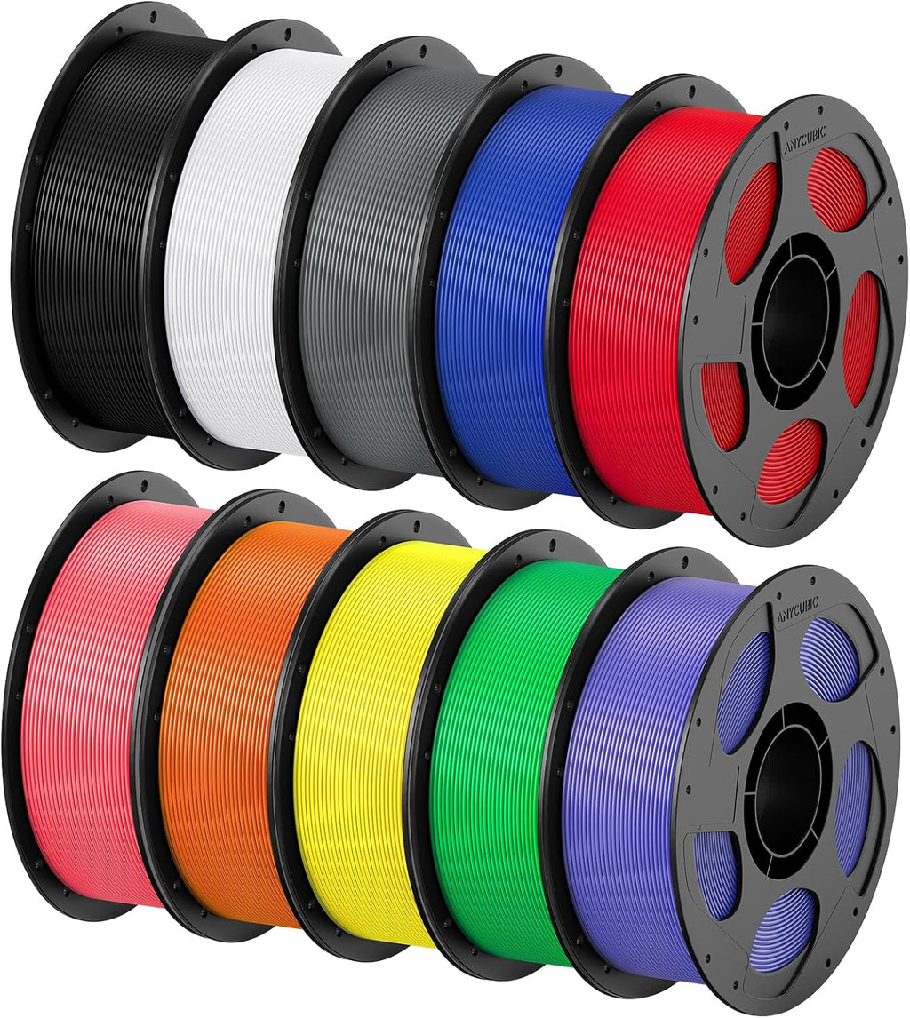 ANYCUBIC PETG Filament 1.75mm Bundle, 3D Printer Filament, Dimensional Accuracy +/- 0.02mm, 1KG Reusable Spool, 10KG Black + White + Texture Grey + Pink + Red + Blue + Green + Orange + Yellow + Purple