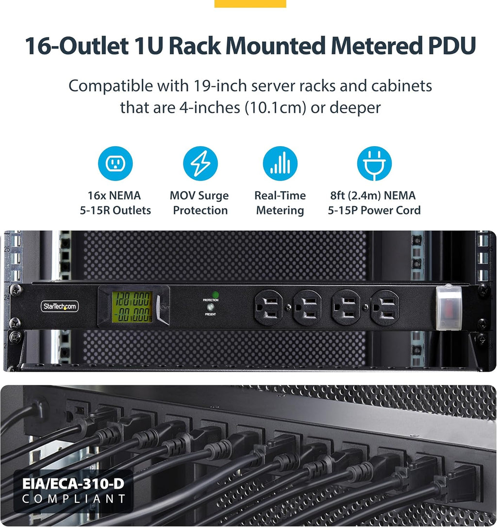 StarTech.com 16-Outlet Horizontal Rack Mount Metered PDU, 1U Server Power Strip w/Surge Protector, 8ft/2.4m Power Cable, TAA
