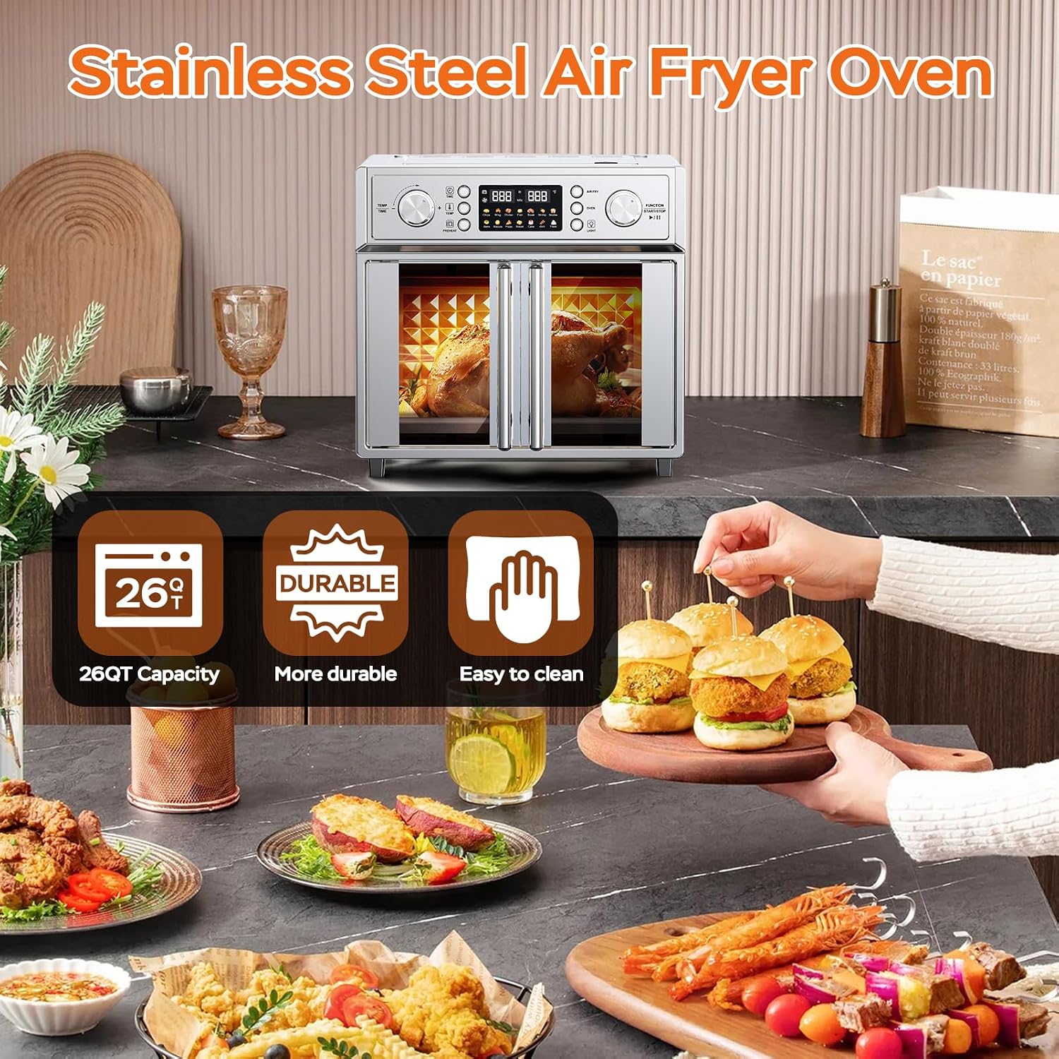 PlumChef 29.5QT Large Capacity French Double-Door Air Fryer Convection Toaster Oven, 1700W, 14 Preset Menus, 7-in-1 Multi-Function (Bake, Roast, Gril,Toast,Dehydrate&Defrost), Stainless Steel,silvery