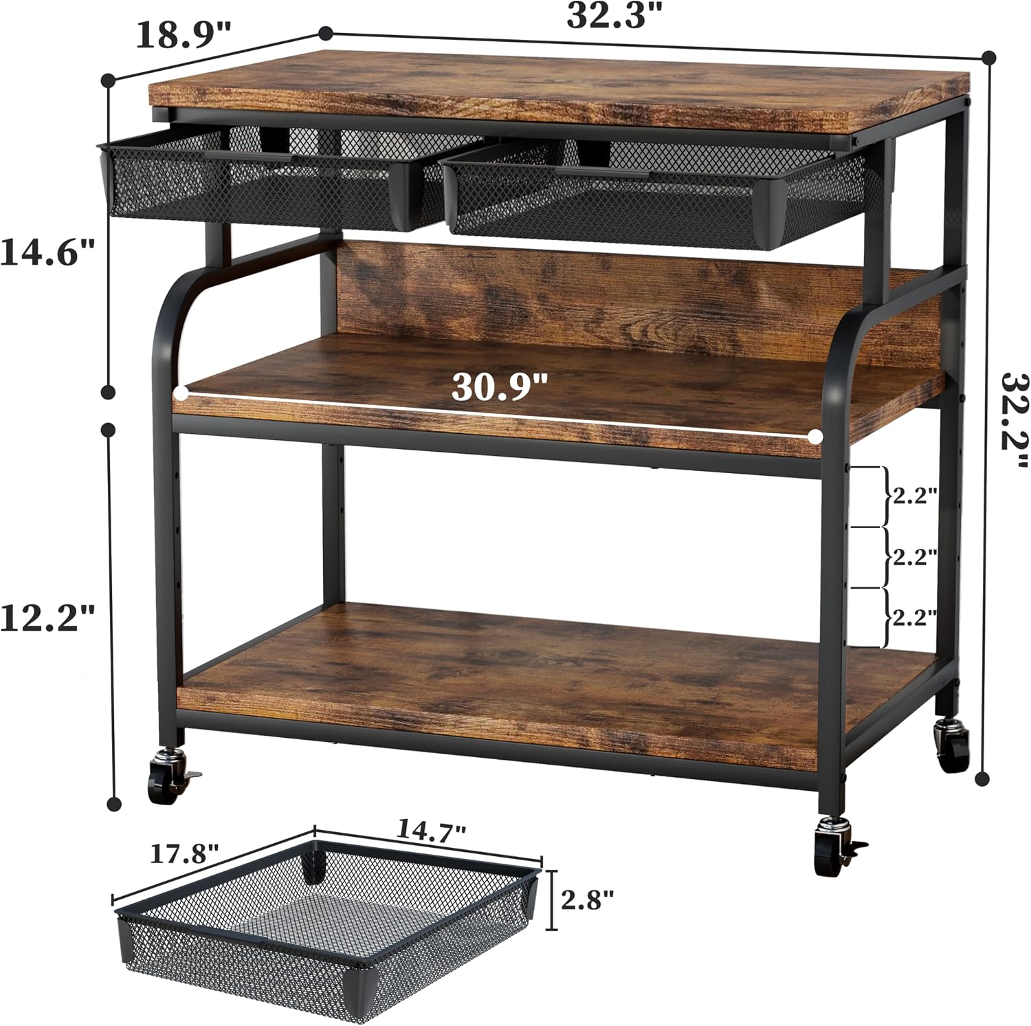 EasyCom 32.3'x18.9' Extra Large Printer Stand with Double Drawers, 5-Adjustable Heights 3 Tier Table with Wheels, Rolling Printer Cart with Storage for Printer Scanner Fax Home Office Use