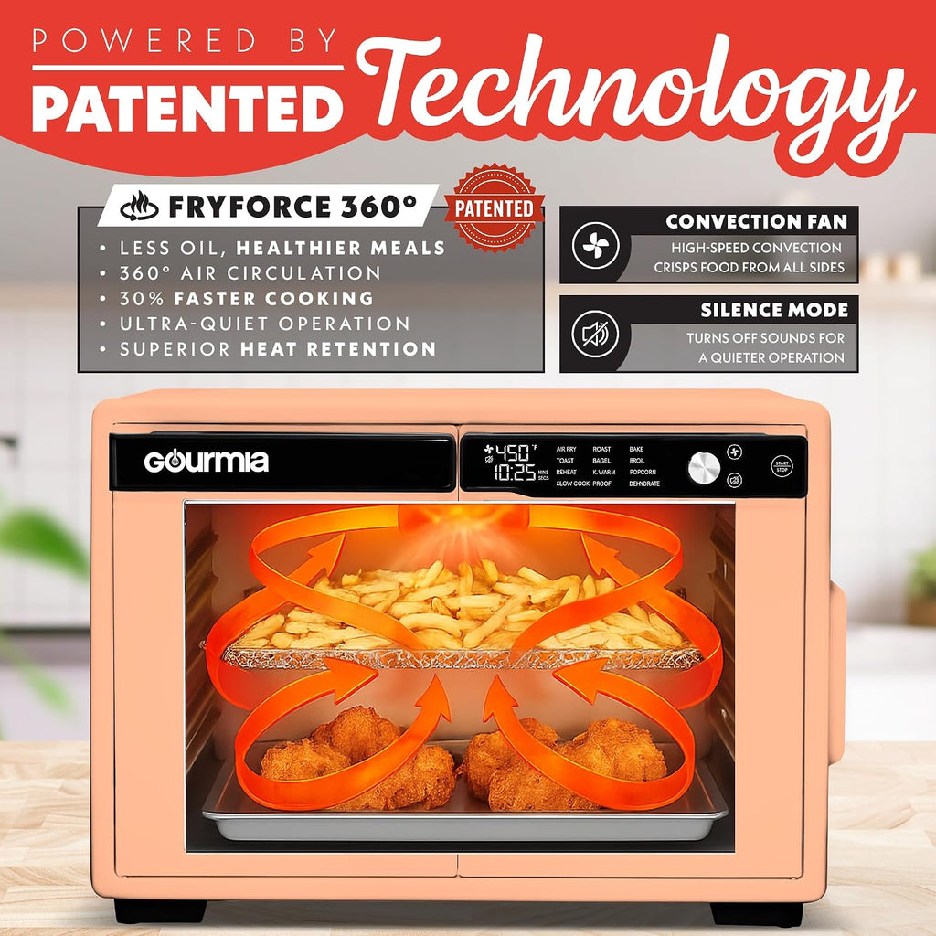 Gourmia French Door Air Fryer Oven - 37 Qt Large Capacity Convection Toaster Oven, FryForce 360°, Digital Display, 12 Cooking Presets, Dehydrate, Fits 13' Pizza, Dishwasher-Safe, Peach