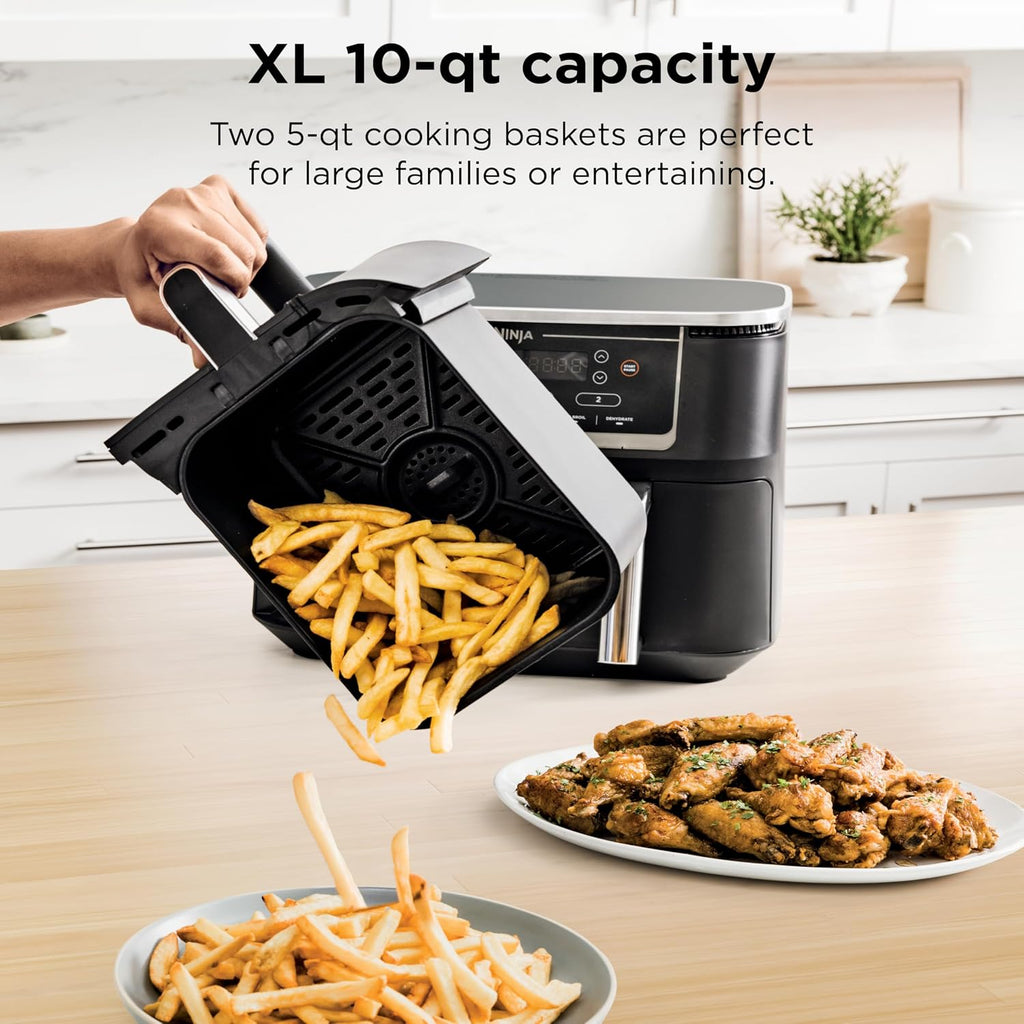 Ninja Foodi Air Fryer w/ Smart Cook Thermometer | 6-in-1 Air Fry, Roast, Bake, Dehydrate & More | DualZone™ Match Cook & Smart Finish, 2 Independent Baskets | XL 10 Qt, Stainless Steel | Black, DZ550