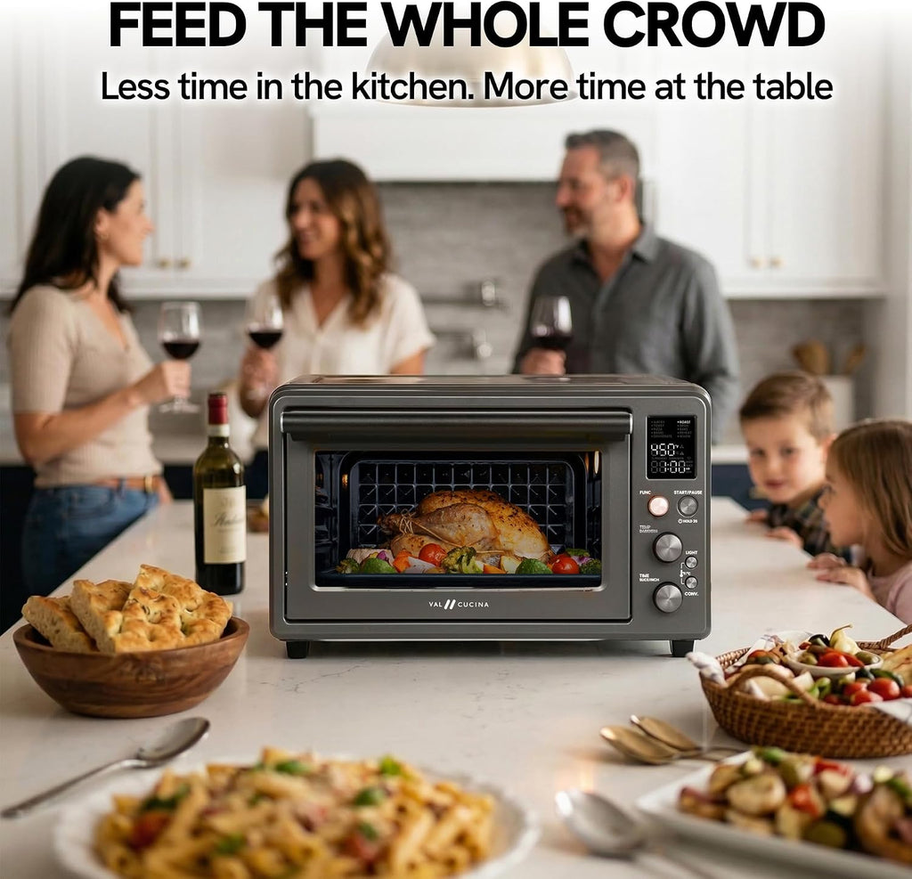 VAL CUCINA Non-Toxic Enamel Interior Air Fryer Toaster Oven Combo, 26.3 QT Countertop Convection Oven 10-in-1, Infrared Heating, Fits 12' Pizza & 6-Slice Toast, Easy Clean Enamel Baking Pan Included