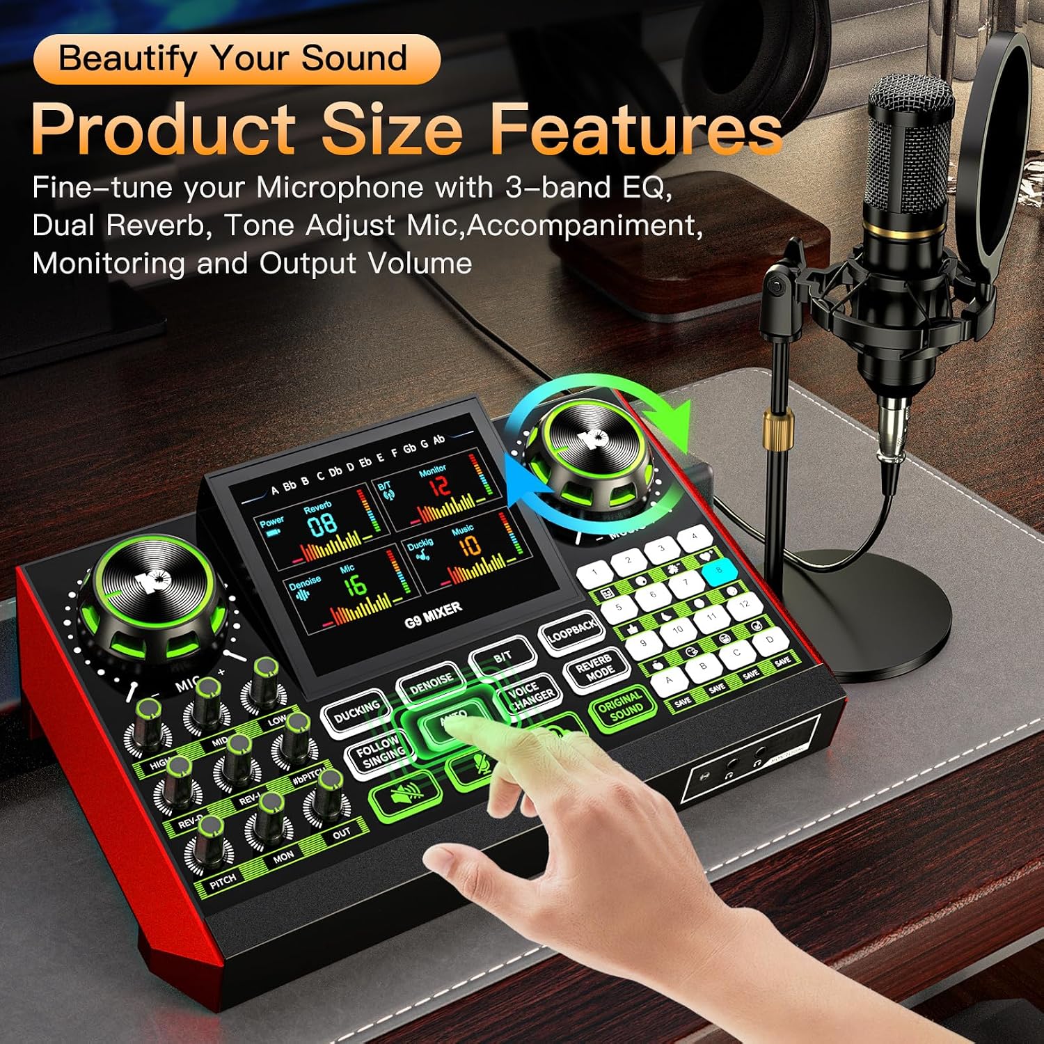 G9 Podcast Microphone Bundle with Live Sound Card Audio Mixer, Podcast Equipment Bundle Sound Board with 3.5mm Condenser Microphone for Pc/Phone Live Streaming Singing Gaming,Voice Changer, Denoise