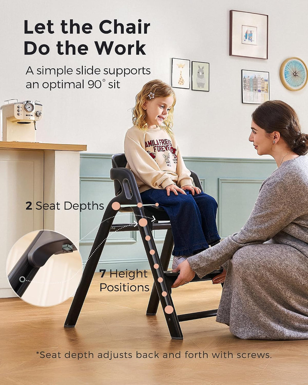 Momcozy DinerPal Wooden High Chair for Babies, Toddlers & Adults Up to 308 Lbs, Convertible Baby Highchair with Food-Grade Tray, Dishwasher-Safe, Adjustable & Ergonomic, Midnight Black