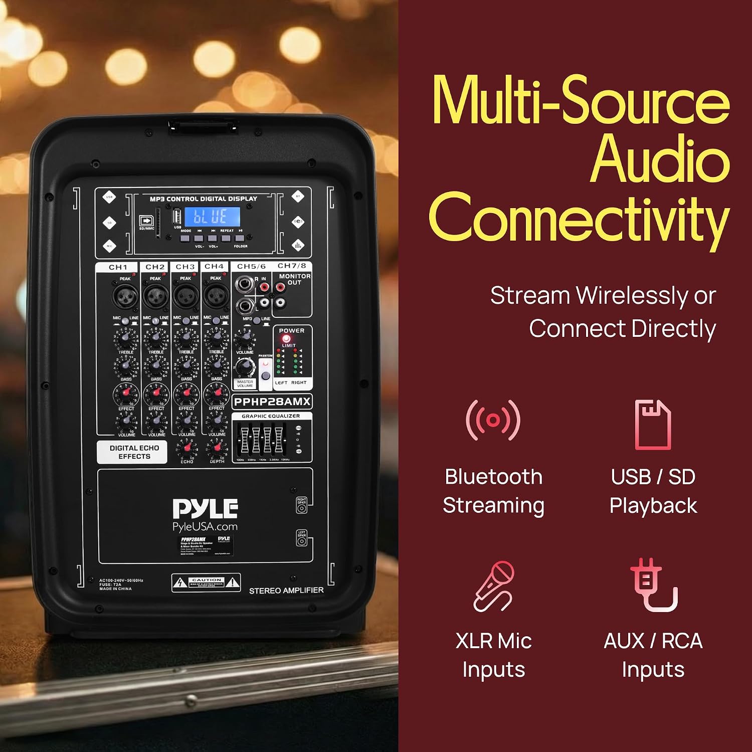Pyle PA Speaker DJ Mixer Bundle - 300 W Portable Wireless Bluetooth Sound System w/ USB SD XLR 1/4' RCA Inputs - Dual Speaker, Mixer, Microphone, Stand, Cable - Home/Outdoor Party - PPHP28AMX,Black
