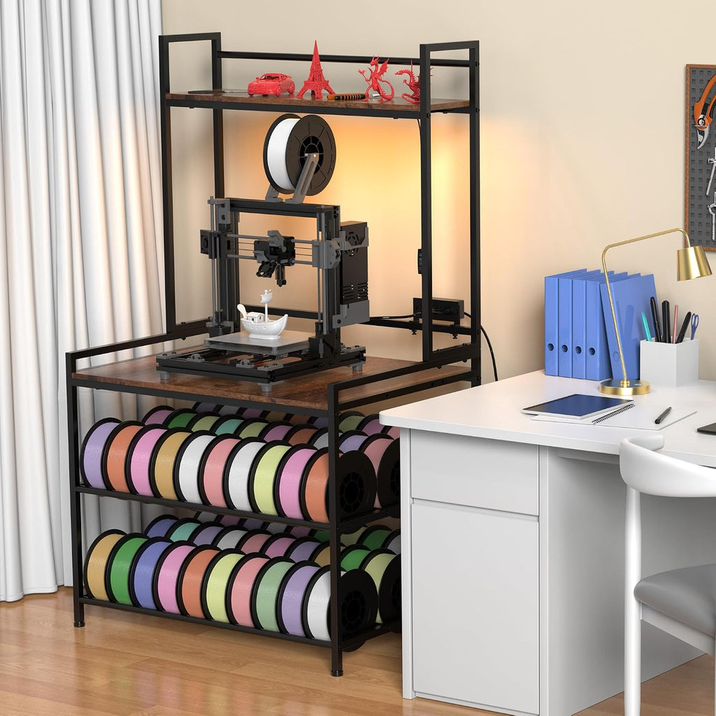 3D Printer Stand with Filament Storage, 3D Printer Table with LED Light and Display Shelf Rack, Heavy Duty Printer Desk Filament Storage Rack for Workshop Offices and Studios(Black)