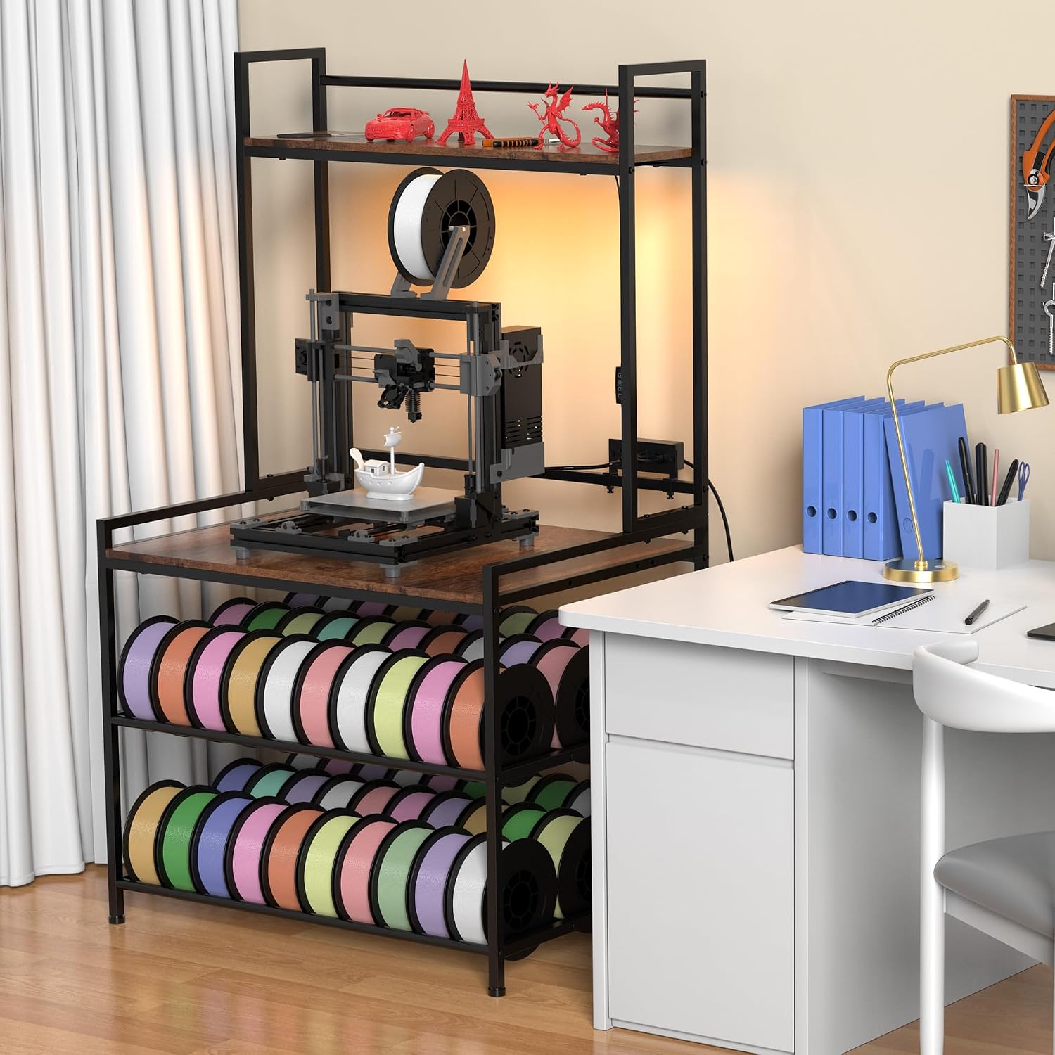 3D Printer Stand with Filament Storage, 3D Printer Table with LED Light and Display Shelf Rack, Heavy Duty Printer Desk Filament Storage Rack for Workshop Offices and Studios(Black)