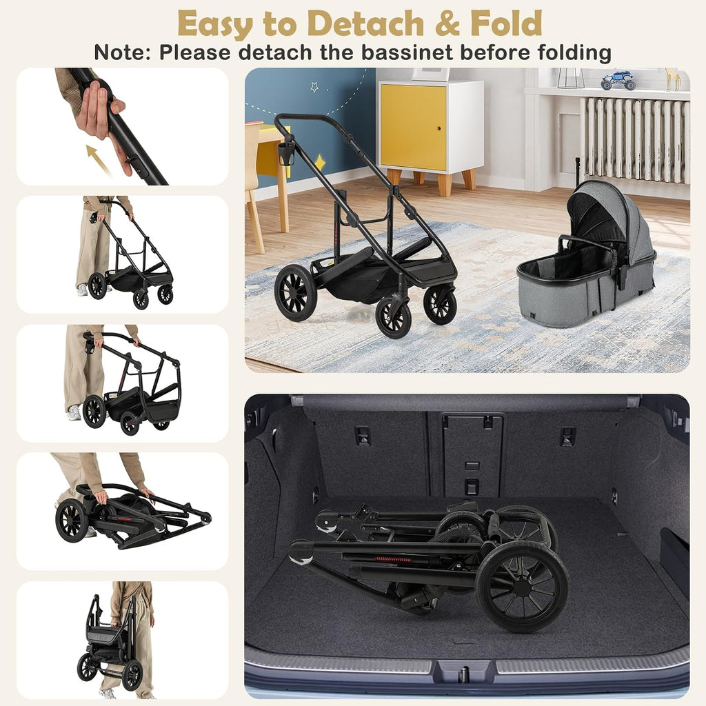 BABY JOY 2 in 1 Convertible Baby Stroller, High Landscape with Bassinet Mode, Reversible Seat, Adjustable Canopy, Cup Holder, Diaper Bag, Foldable Infant Newborn Pram Stroller for 0-36 Months (Gray)