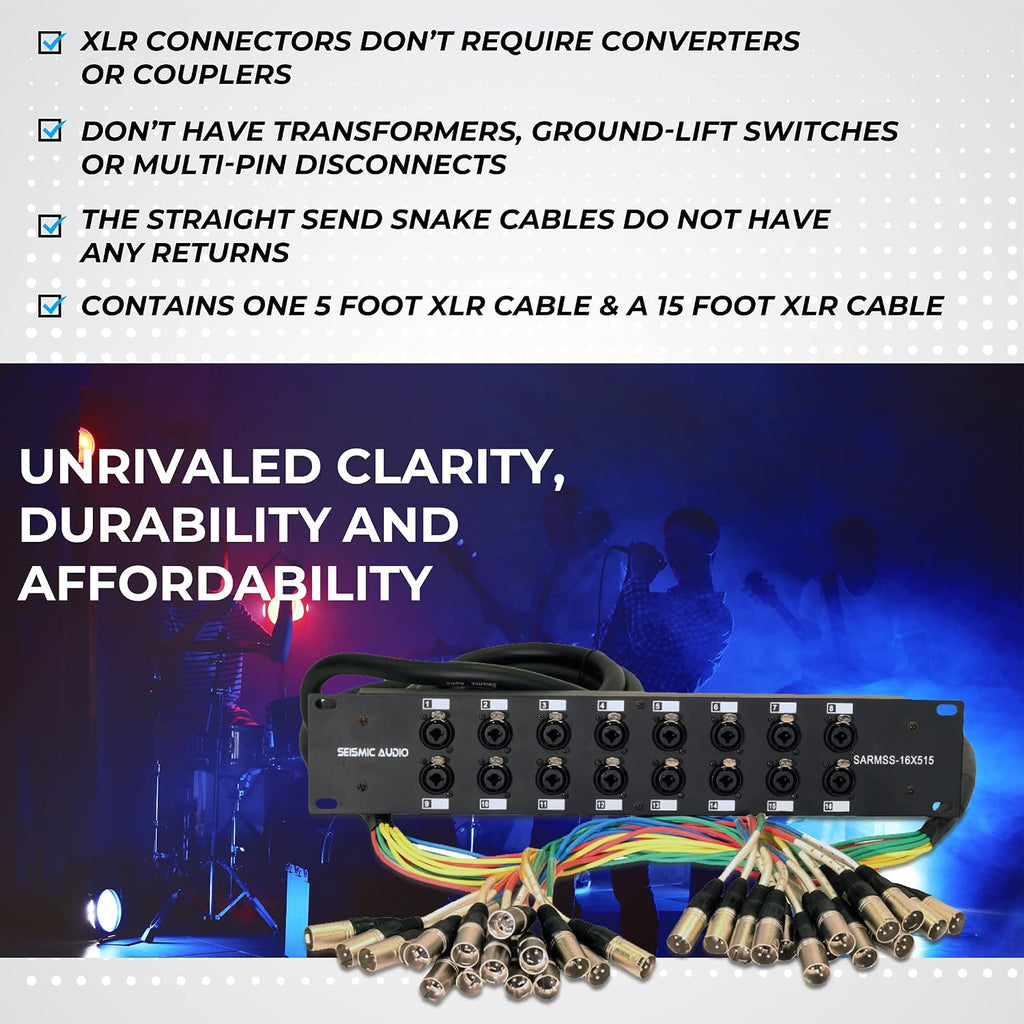 Seismic Audio SARMSS-16x515 Rack Mount 16 Channel XLR TRS Combo Splitter Snake Cable - 5' & 15' XLR trunks