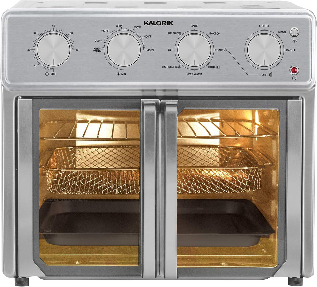 Kalorik MAXX Air Fryer Oven, 26 Quart 9-in-1 Countertop Toaster Oven and Air Fryer Combo - Fry, Bake, Roast, Rotisserie, & More, Large Glass French Doors & 7 Accessories, 1700-Watts, Stainless Steel