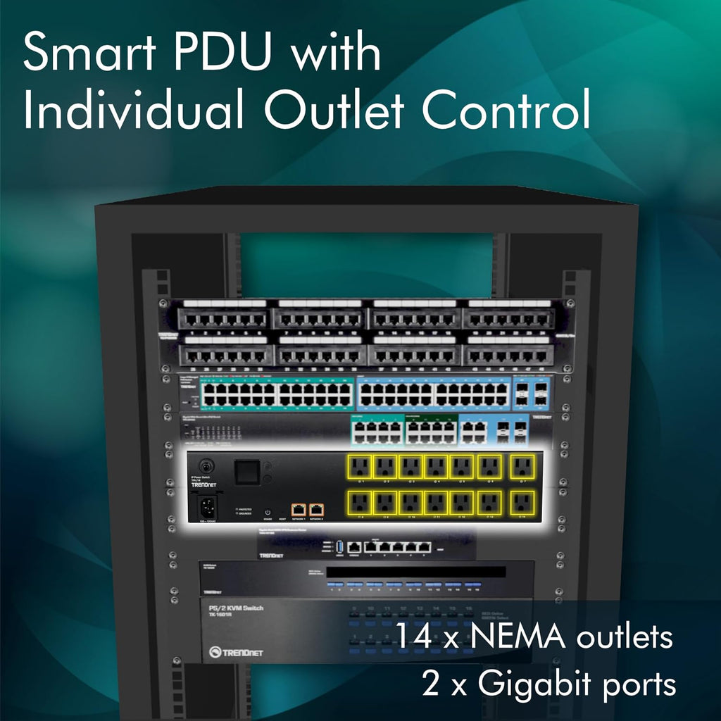 TRENDnet 14-Outlet Managed 2U Rackmount Switched Power Distribution Unit, TPI-L14, 14 x NEMA 5-15R Managed Power Outlets, 2 x Gigabit Ports, Remote Cloud Management PDU, NDAA & TAA Compliant