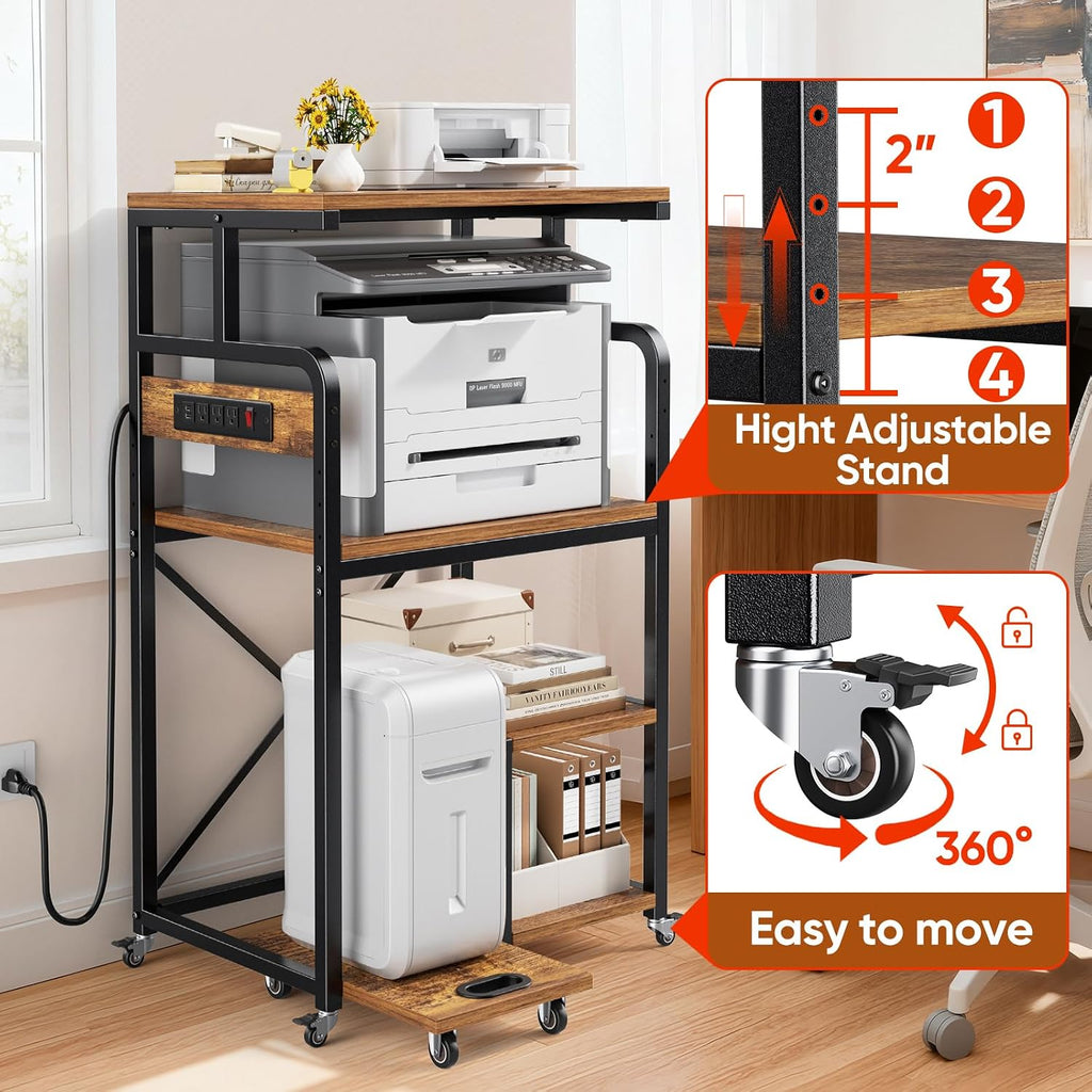 POKIPO Large 4 Tier Printer Stand, 26.7 x 21.2 x 50.2 Inches Tall Printer Cart with Power Outlets 4-Adjustable Heavy Duty Rolling Shelf for Home Office Kitchen Stand for Paper Shredder Mini Fridge