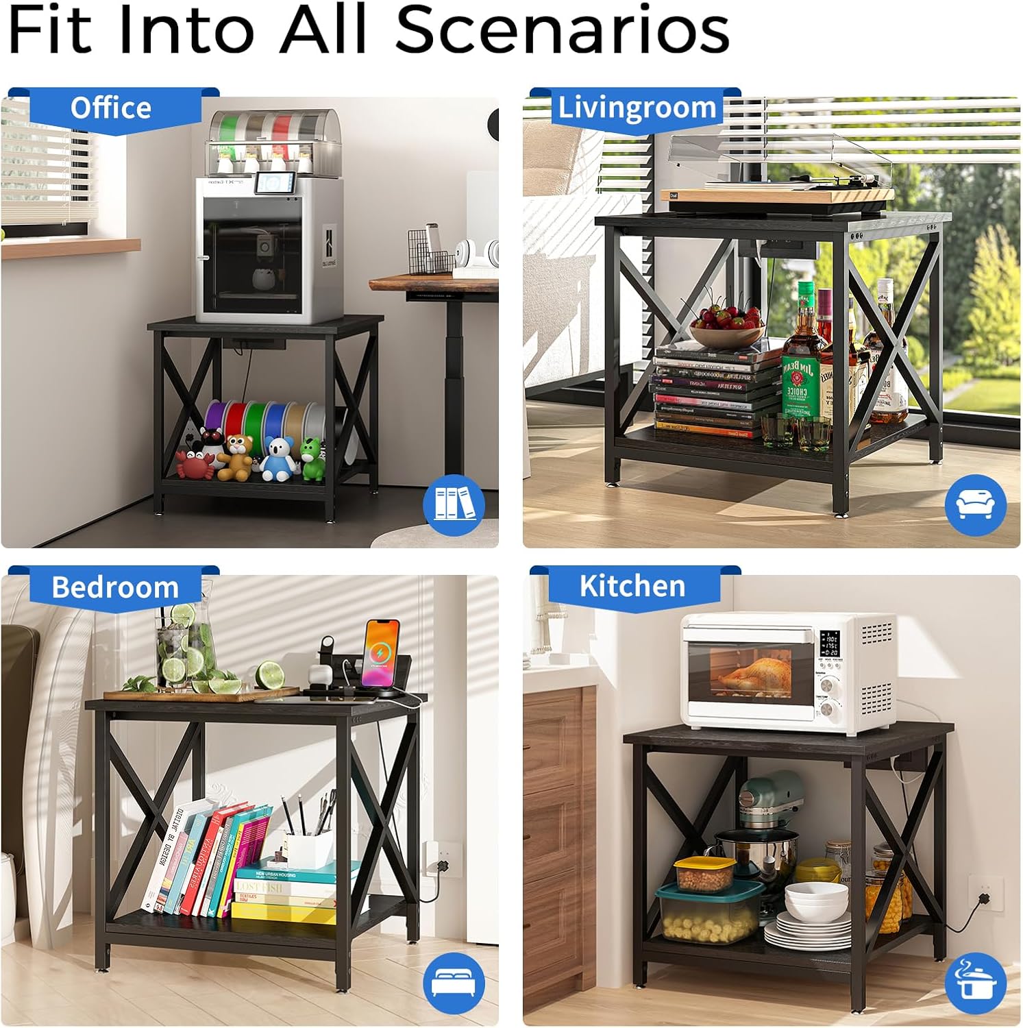 METYERRY Large Printer Stand with Power Outlet, with Storage Shelf, 2 Tier Rolling Printer Cart with Industrial Wheels, 23.6 x 23.6 Inches Printer Table for Home Office,Black
