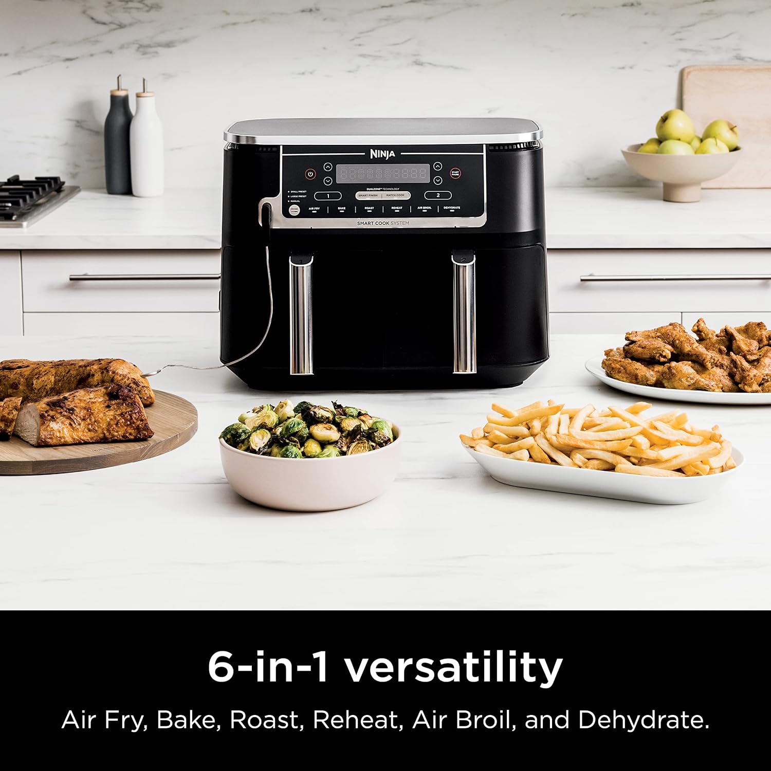Ninja DZ550 Foodi 10 QT 6-in-1 DualZone Smart XL Air Fryer with 2 Independent Baskets, Smart Cook Thermometer for Perfect Doneness, Match Cook & Smart Finish to Roast, Dehydrate & More, Grey