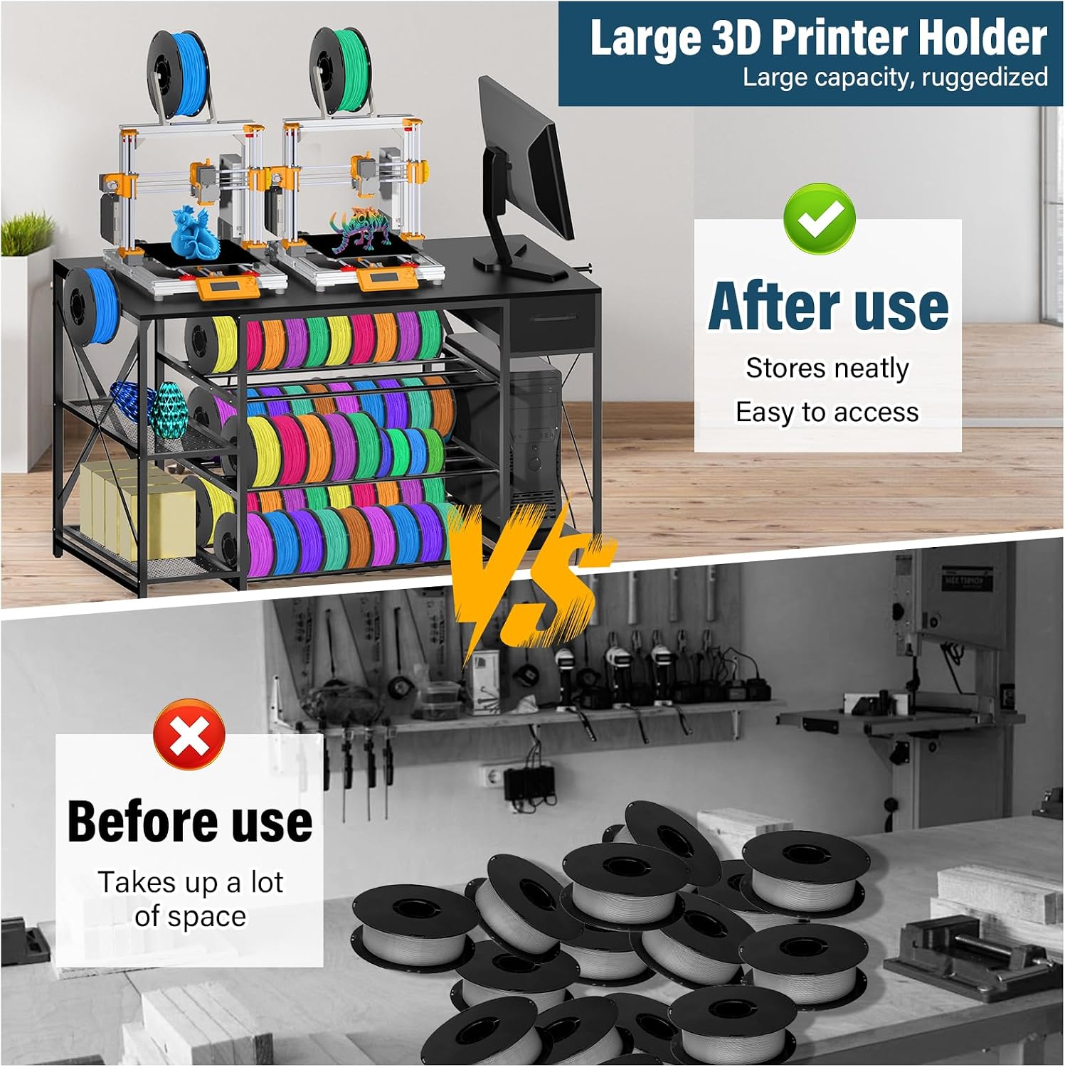 Heavy Duty 3D Printer Table with Storage, Large 4-Tier 3D Printer Stand with Power Outlet & Drawer, Sturdy Wooden Desk & Metal Filament Rack for Workshop, Home Office Black