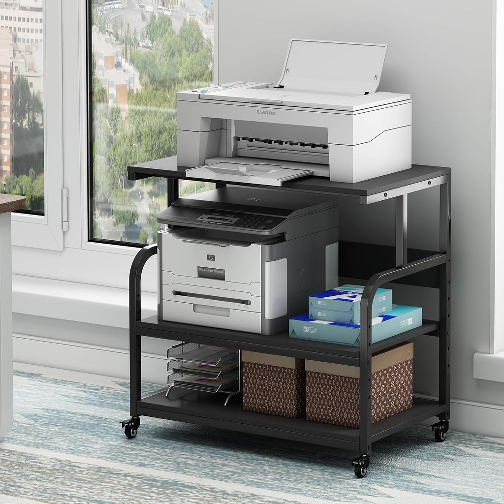 Fannova 32.3' x 18.9' Extra Large Printer Stand Table with Adjustable Storage Shelf, 3 Tier Rolling Printer Cart with Industrial Wheels for Home Office, Black