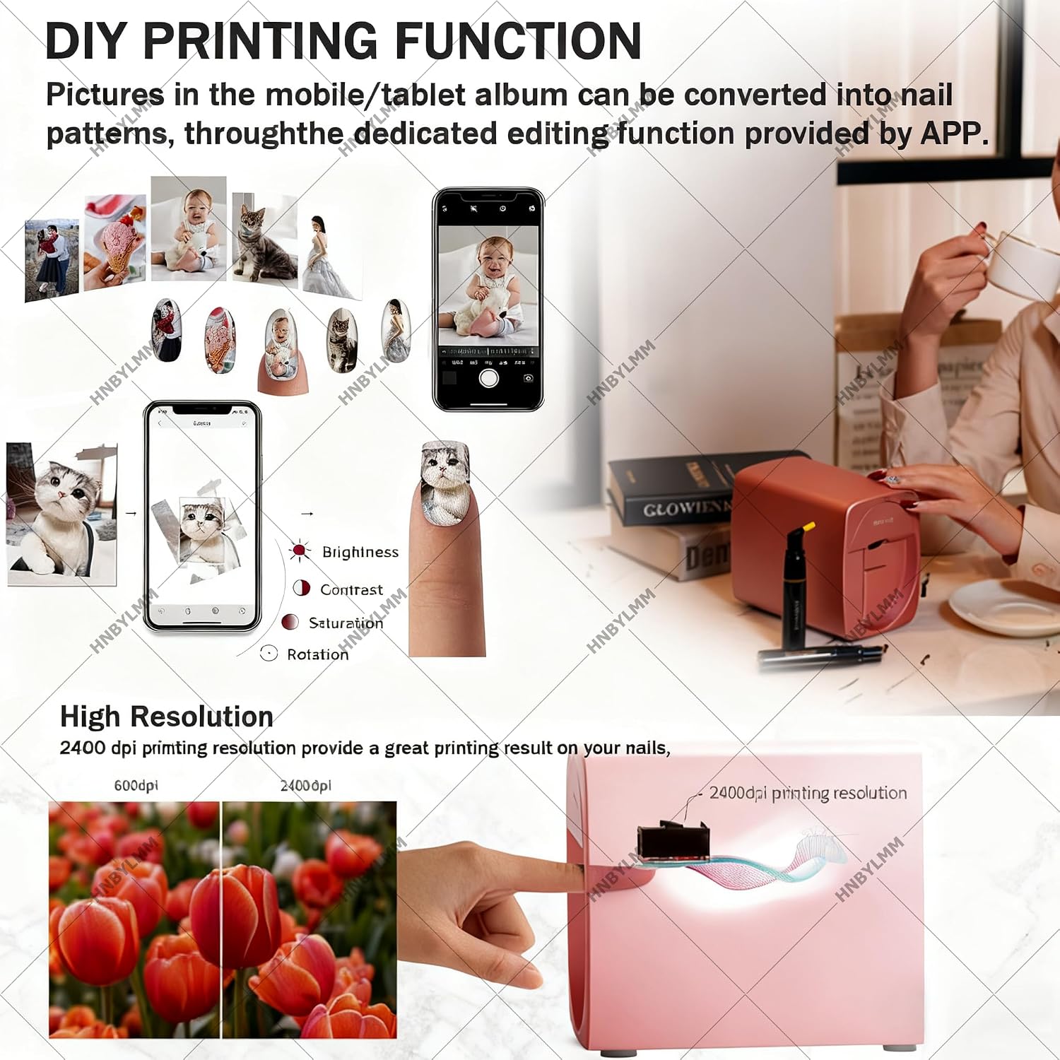 Nail Printer Nail Art Machine, Portable Auto 3D Nail Painting Machine, 1000+ Designs, Smart DIY Nail Printer Control Through Mobile APP for Home Use and Nail Studios, Cute Girls Women Gift Black