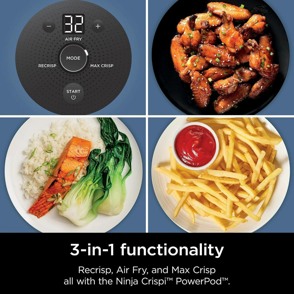 Ninja FN100ND Crispi Air Fryer, Microwave, Freezer & Dishwasher Safe, Non Toxic Glass Portable Cooking System, 4 QT & 5 Cup Glass Containers with Storage Lids, Easy Meals, Blue (Renewed)