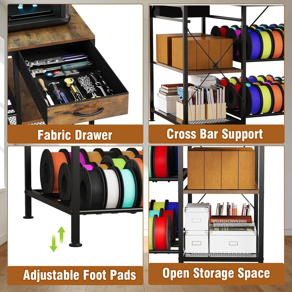 3D Printer Table with Filament Storage, 3-Tier 3D Printer Stand with Power Outlet & Drawer, Heavy Duty 3D Printer Rack for Workshop Studio Office (Brown)