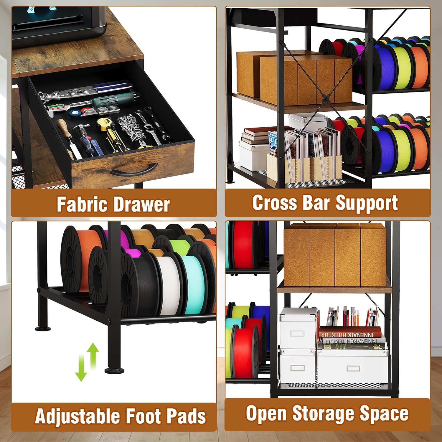 3D Printer Table with Filament Storage, 3-Tier 3D Printer Stand with Power Outlet & Drawer, Heavy Duty 3D Printer Rack for Workshop Studio Office (Brown)