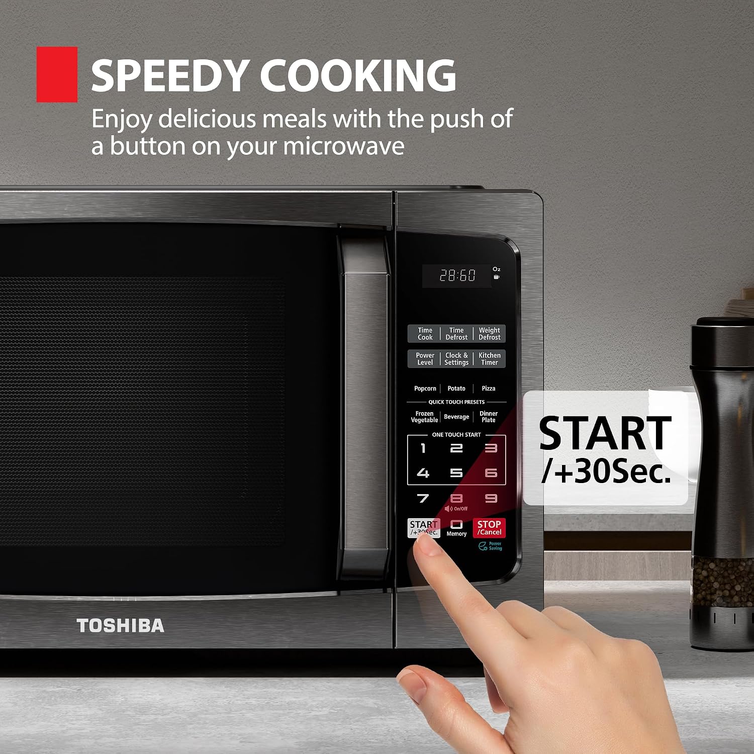 TOSHIBA ML-EM09PA(BS) Small Microwave Oven with 6 Auto Menus, Mute Function, LED Lighting Countertop Microwave Perfect for Kitchen, 0.9 Cu Ft, 10.6 Inch Removable Turntable, 900W Black Stainless Steel