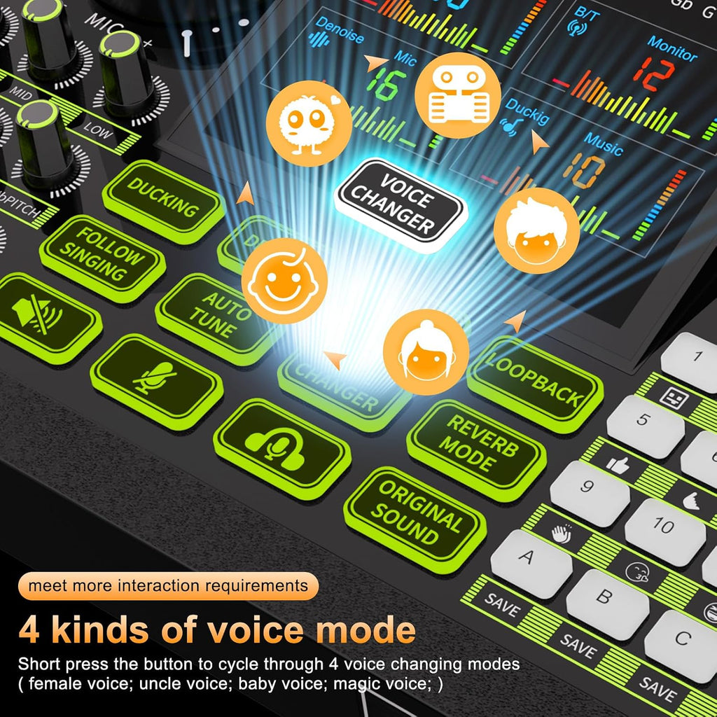 podcast equipment bundle, Live Sound Card with Audio Interface, All-in-One Audio Mixer with Voice Changer, Condenser Microphone for Live Streaming, Singing, Gaming, and Content Creation.
