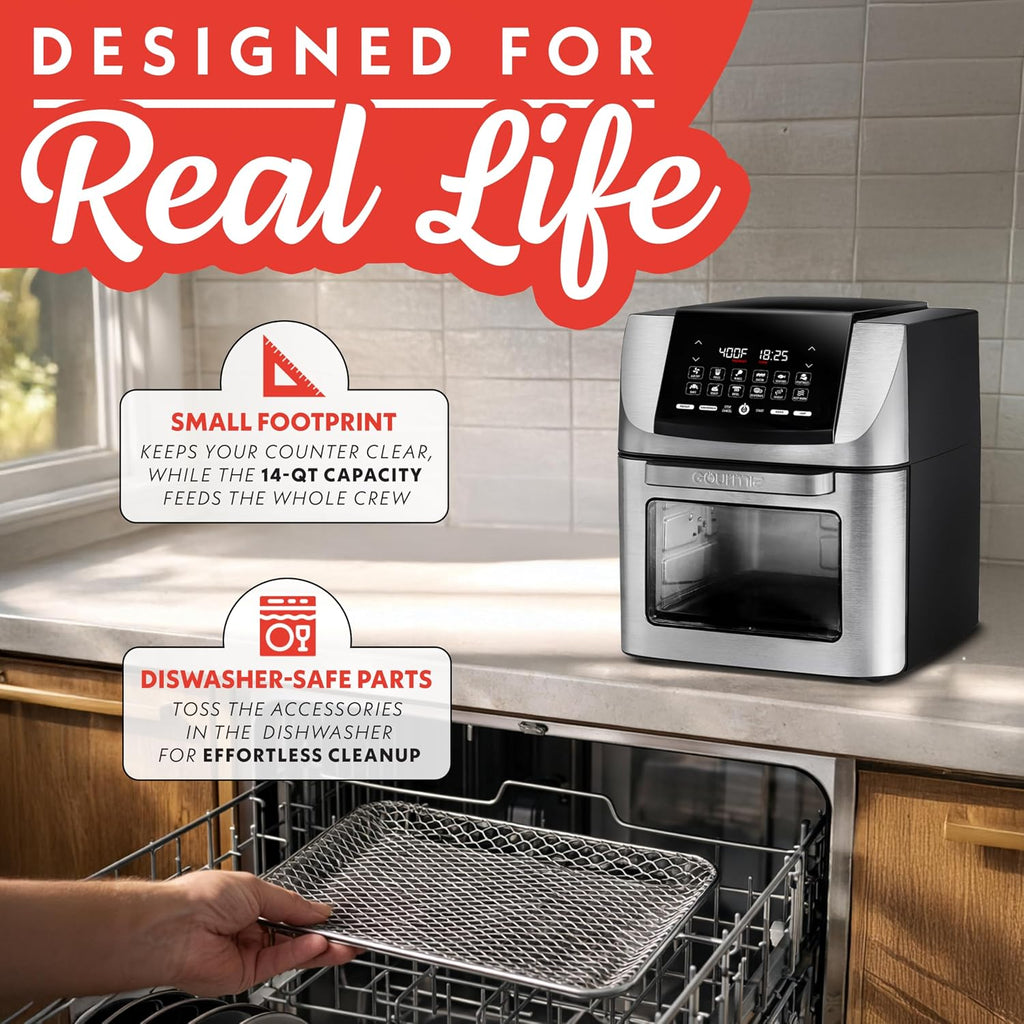 Gourmia Air Fryer - 14 Qt All-in-One Rotisserie Oven with Digital Display, 12 Presets, Roast, Bake, Broil, Dehydrate, Dishwasher Safe Accessories, Stainless Steel